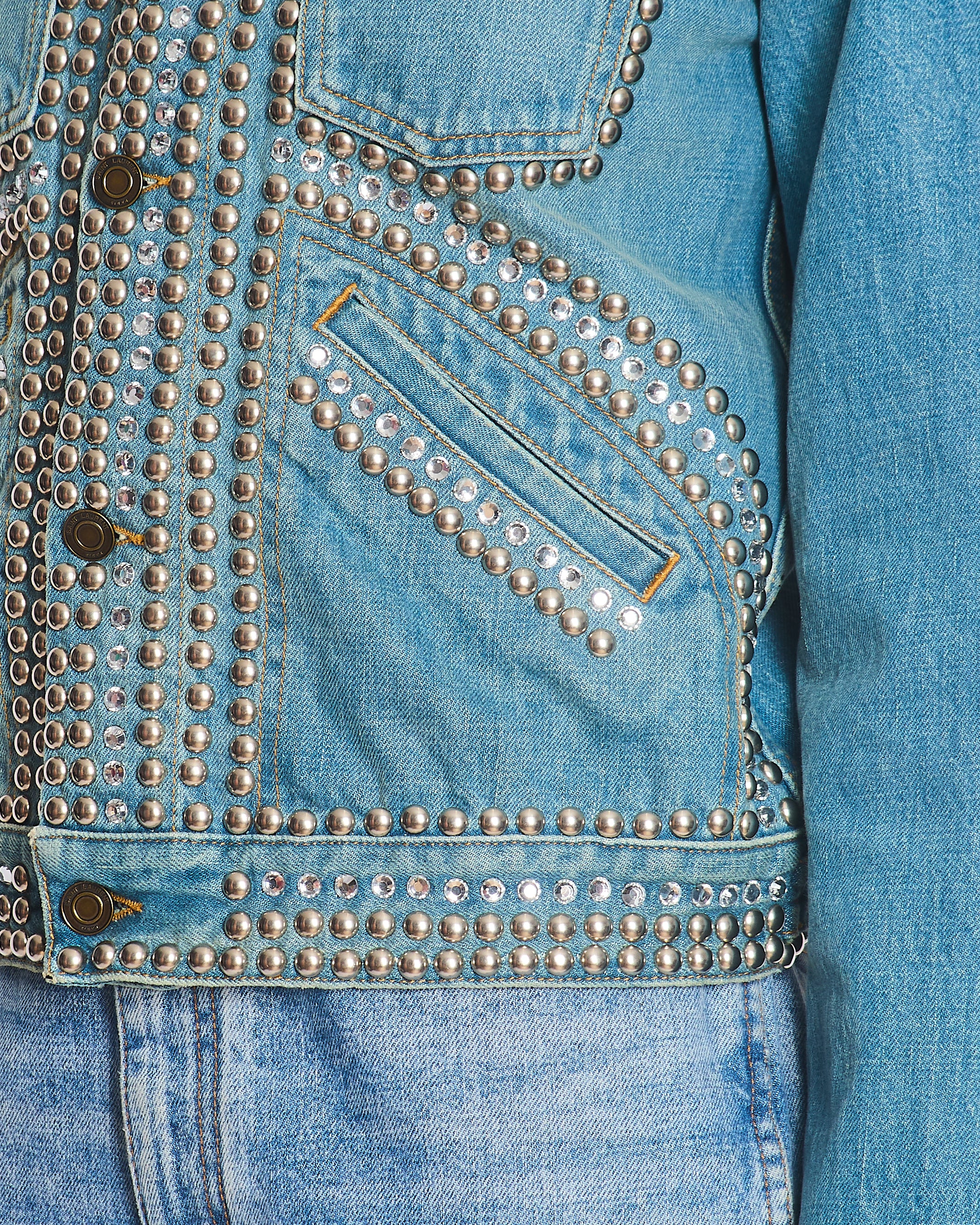 Saint Laurent Blue Denim Jacket with Studs & Crystals Details Size S (UK 8) - Image 4