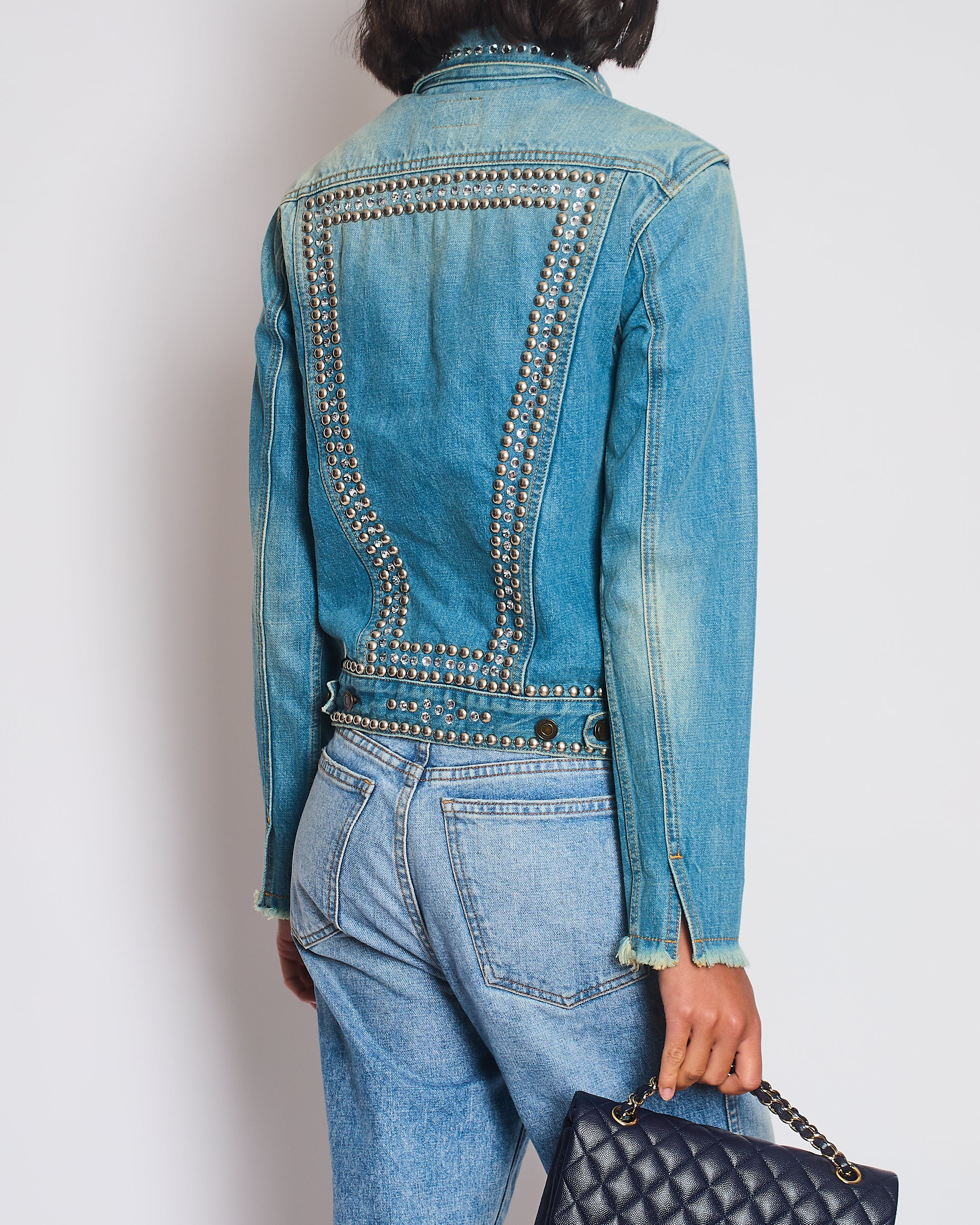 Saint Laurent Blue Denim Jacket with Studs & Crystals Details Size S (UK 8) - Image 5