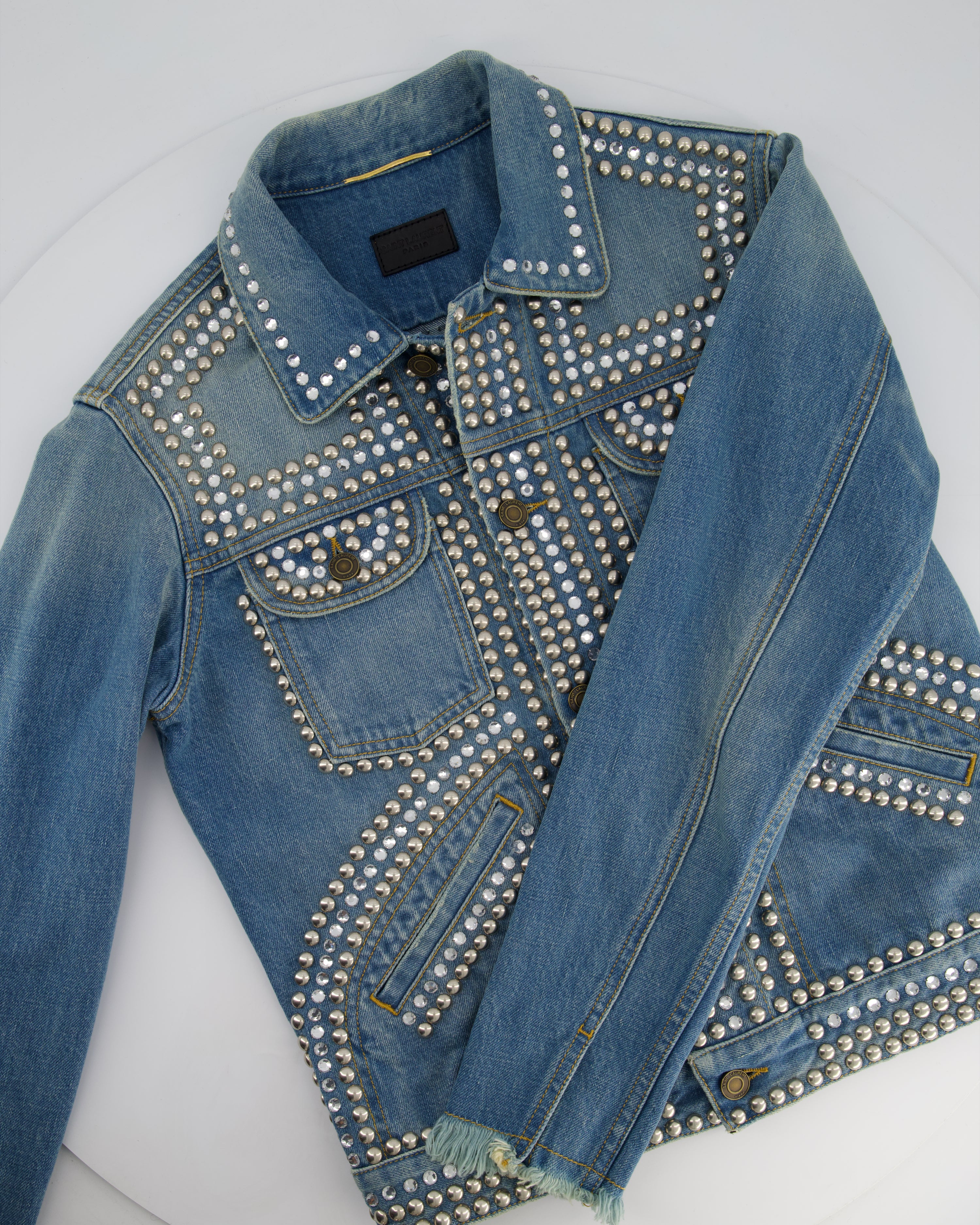 Saint Laurent Blue Denim Jacket with Studs & Crystals Details Size S (UK 8) - Image 6