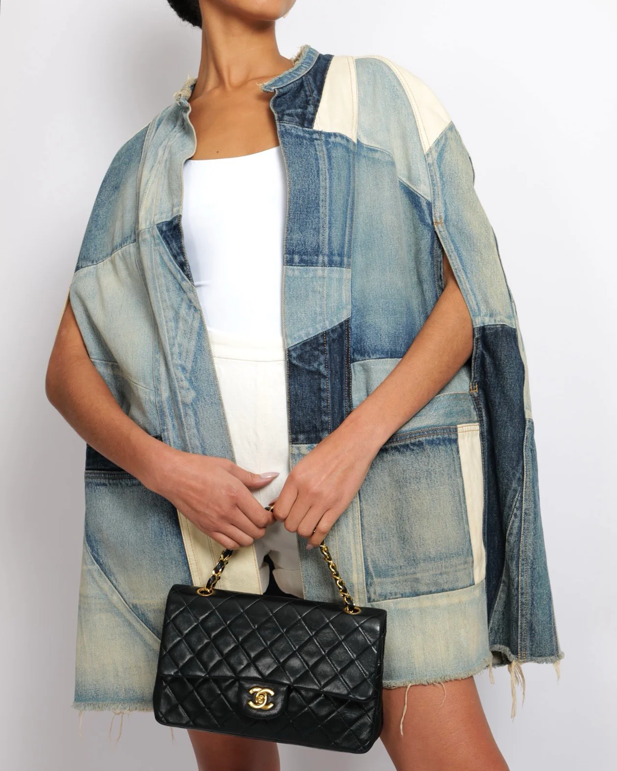 Saint Laurent Blue Denim Patchwork Sleeveless Jacket with Frayed Hem Detail Size XS (UK 6)