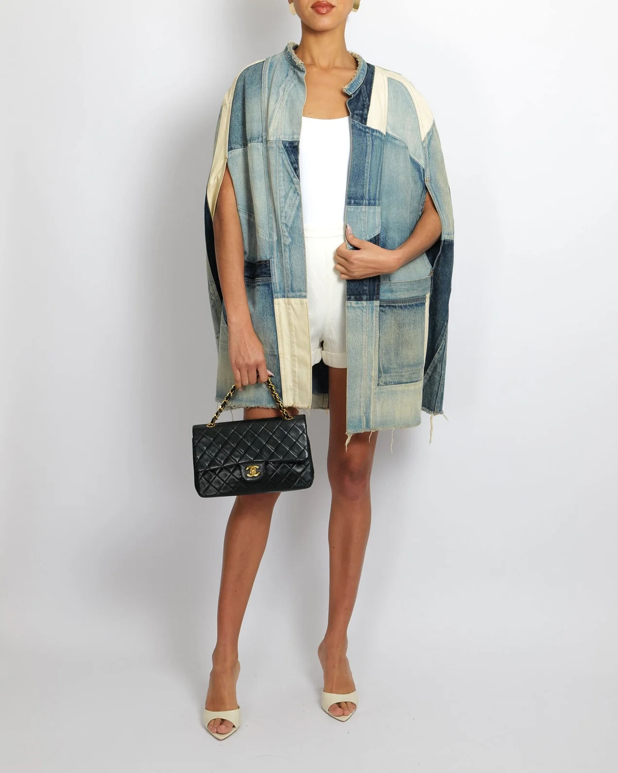 Saint Laurent Blue Denim Patchwork Sleeveless Jacket with Frayed Hem Detail Size XS (UK 6) - Image 3