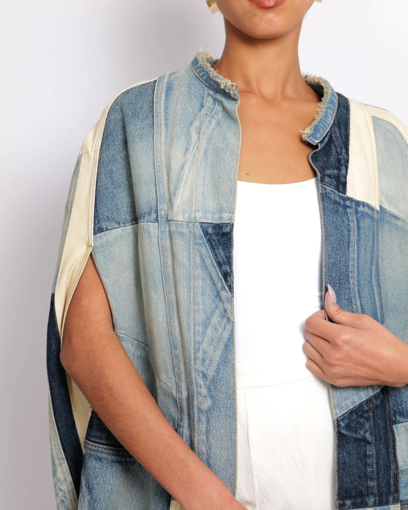 Saint Laurent Blue Denim Patchwork Sleeveless Jacket with Frayed Hem Detail Size XS (UK 6) - Image 4