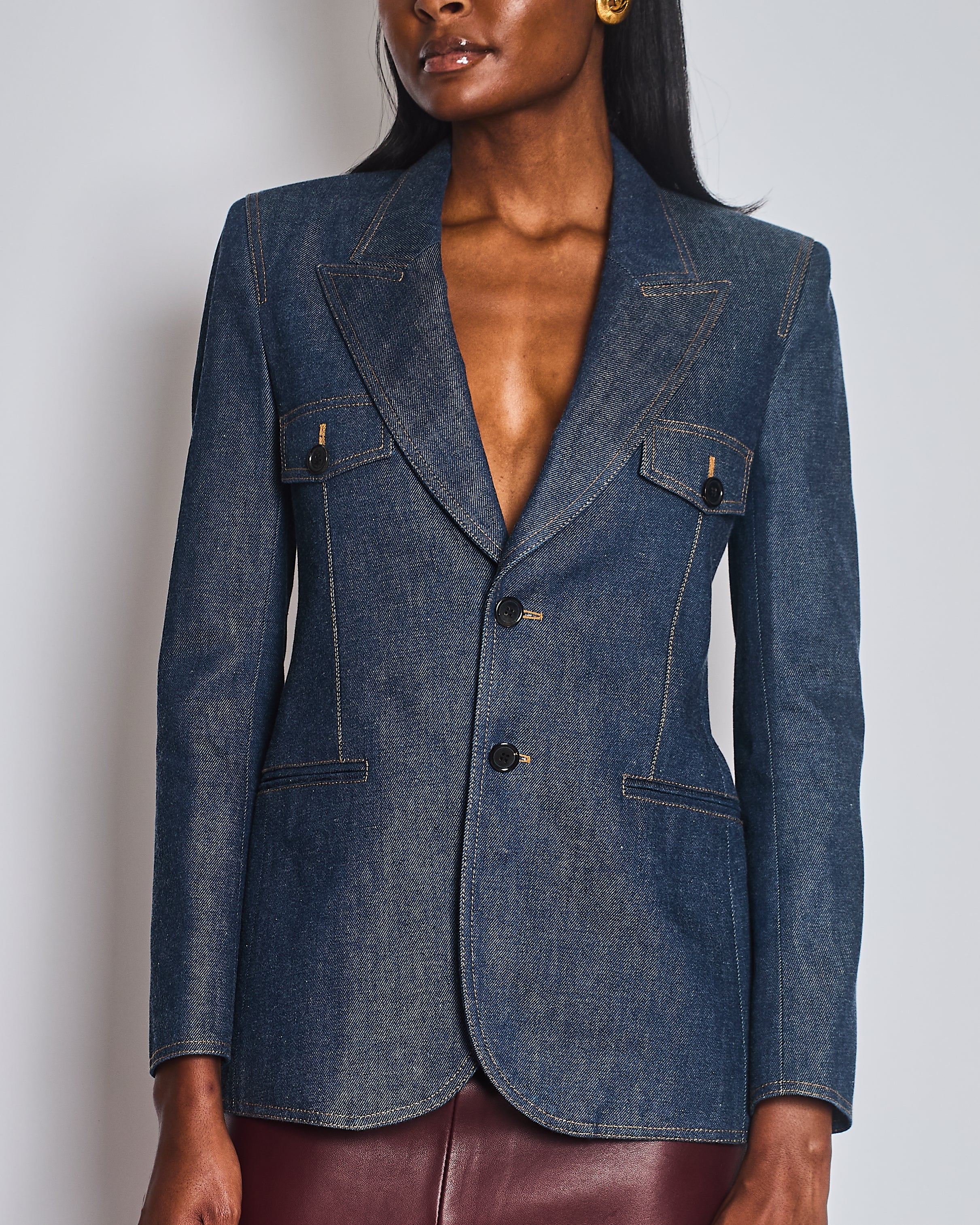 Saint Laurent Blue Denim Single Breasted Blazer with Brown Contrast Stitching Detail Size FR 36 (UK 8) RRP £1,935 - Image 3
