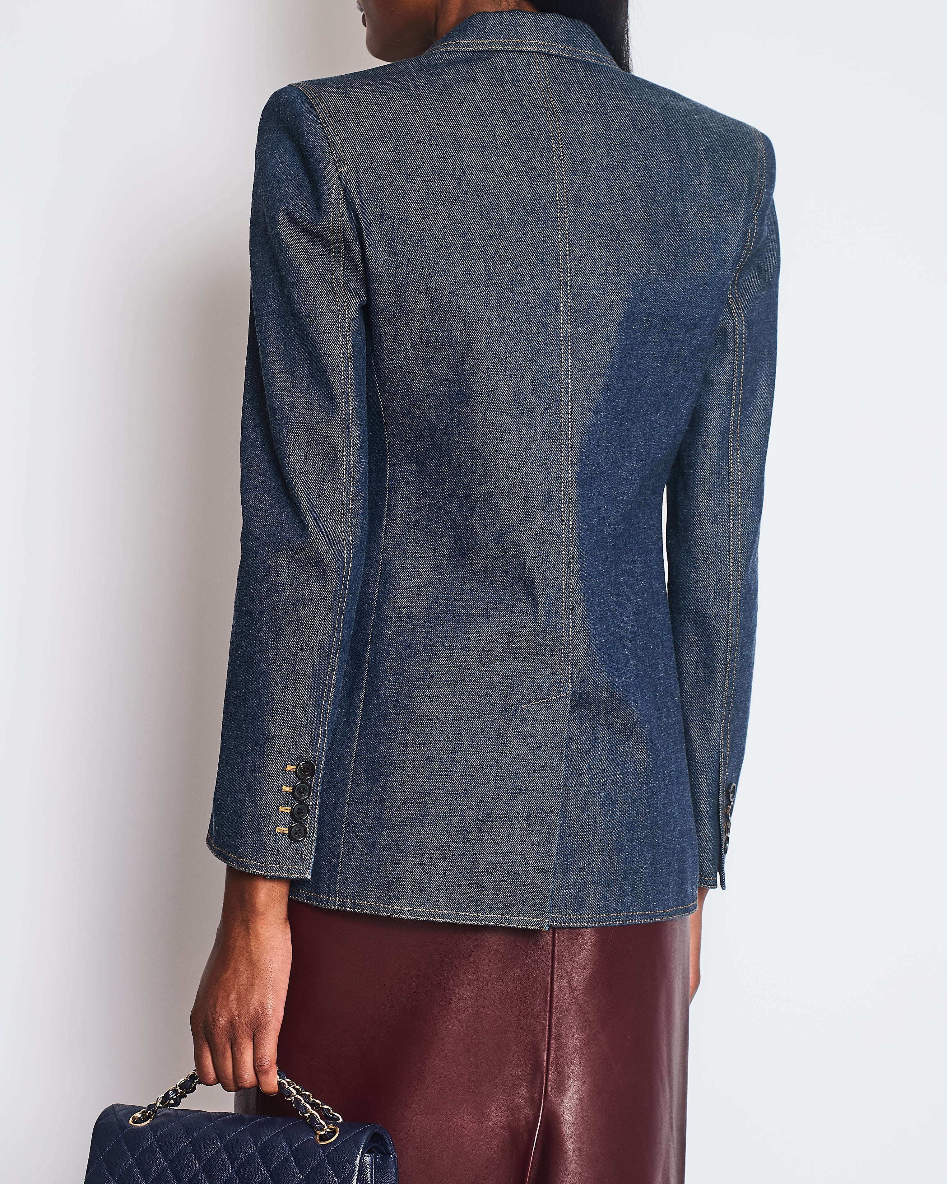 Saint Laurent Blue Denim Single Breasted Blazer with Brown Contrast Stitching Detail Size FR 36 (UK 8) RRP £1,935 - Image 4