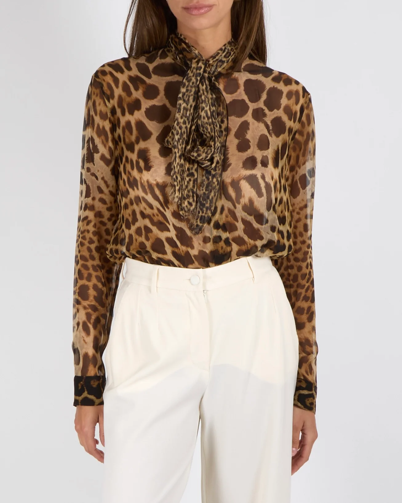 Saint Laurent Brown Leopard Silk Neck-Tie Blouse Size FR 36 (UK 8)