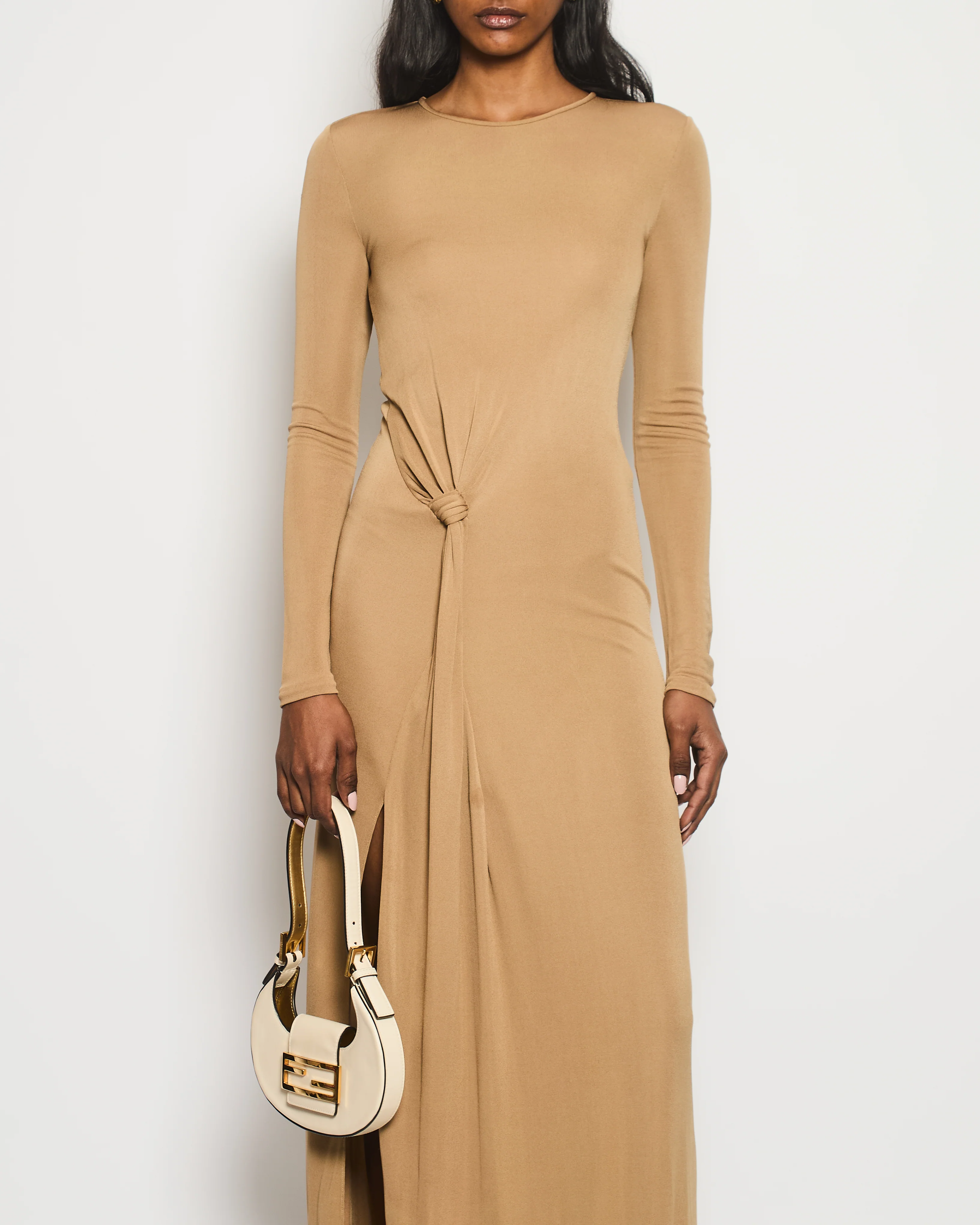 Saint Laurent Camel Long Sleeve Maxi Dress with Knot Tie Detail Size FR 34 (UK 6) - Image 2