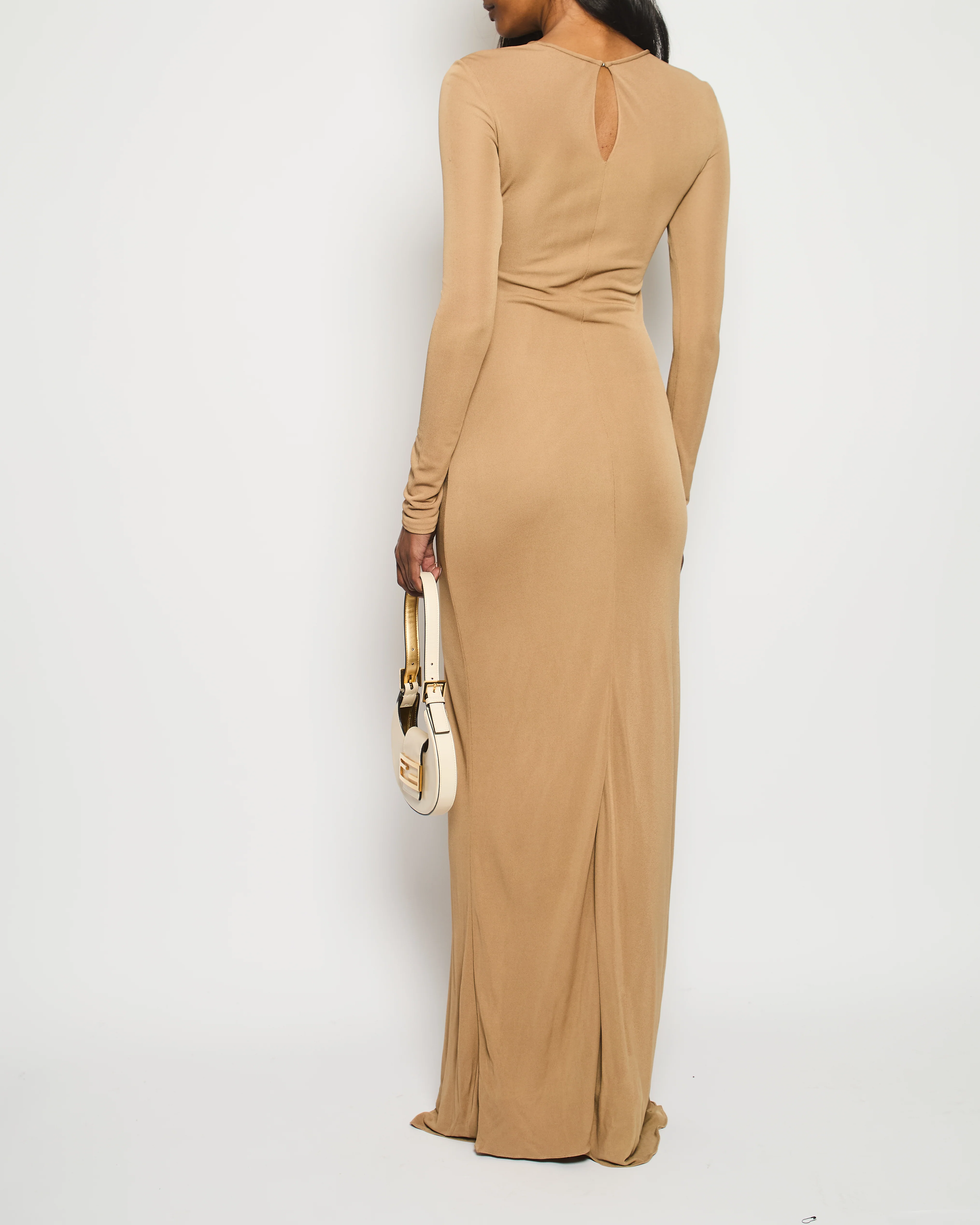 Saint Laurent Camel Long Sleeve Maxi Dress with Knot Tie Detail Size FR 34 (UK 6) - Image 4