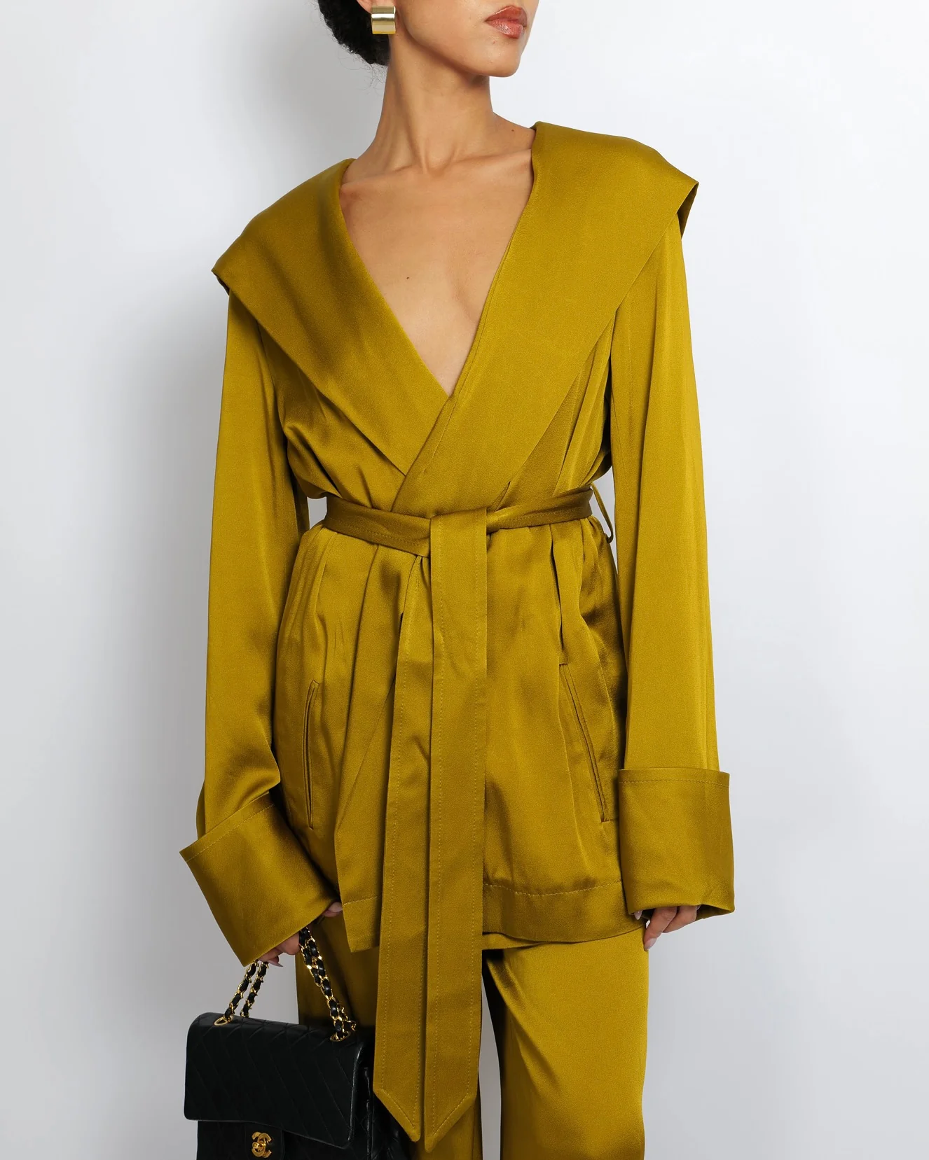 Saint Laurent Olive Green Silk Belted Jacket and Trouser Set with Hood Size FR 36/38 (UK 8/10) - Image 2