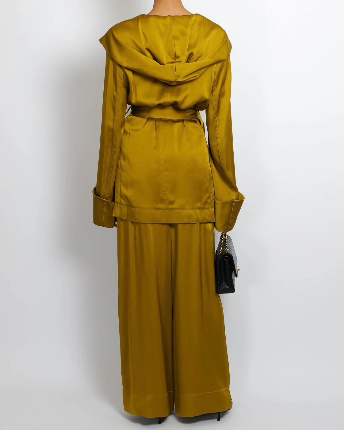 Saint Laurent Olive Green Silk Belted Jacket and Trouser Set with Hood Size FR 36/38 (UK 8/10) - Image 4
