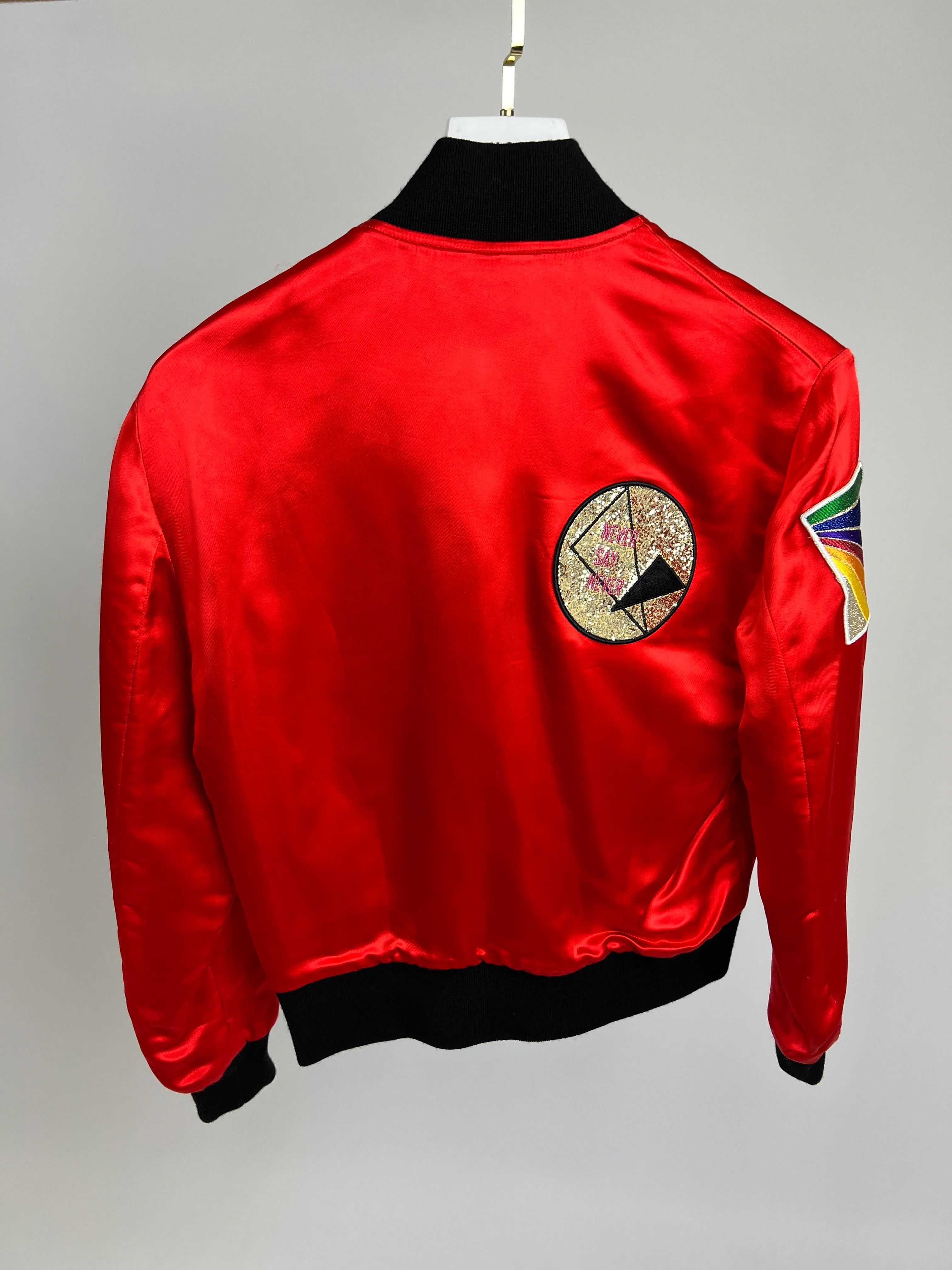 Saint Laurent Red and Black Silk Bomber Jacket with Glitter Patches Size FR 36 (UK 8) - Image 10