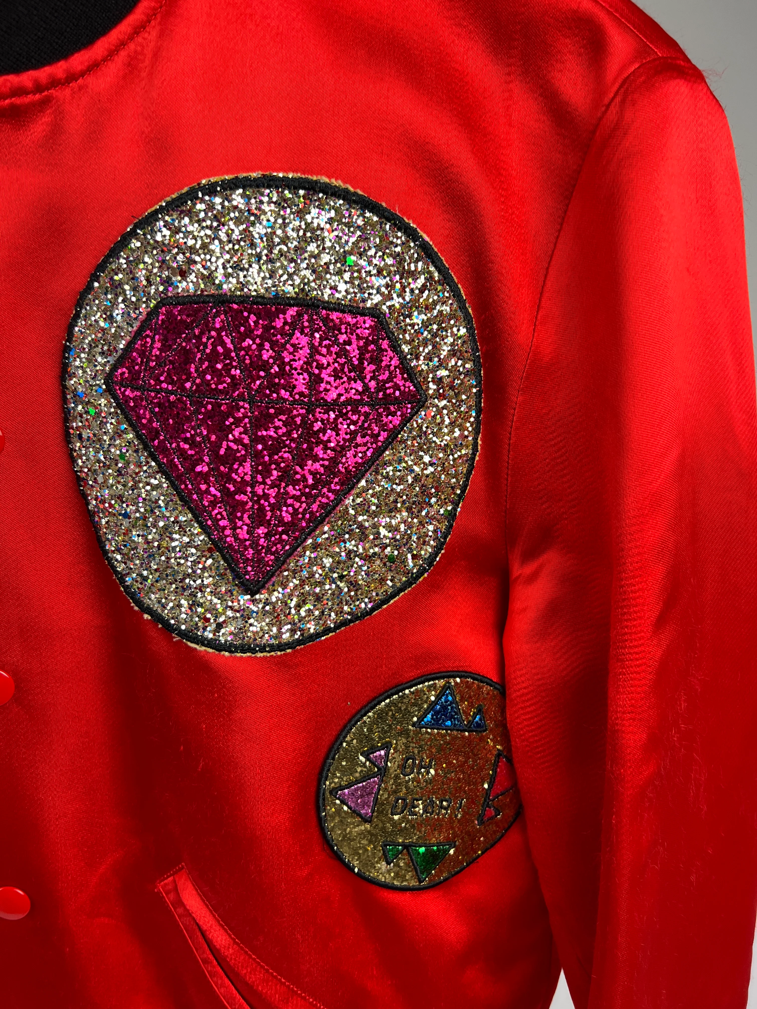 Saint Laurent Red and Black Silk Bomber Jacket with Glitter Patches Size FR 36 (UK 8) - Image 11