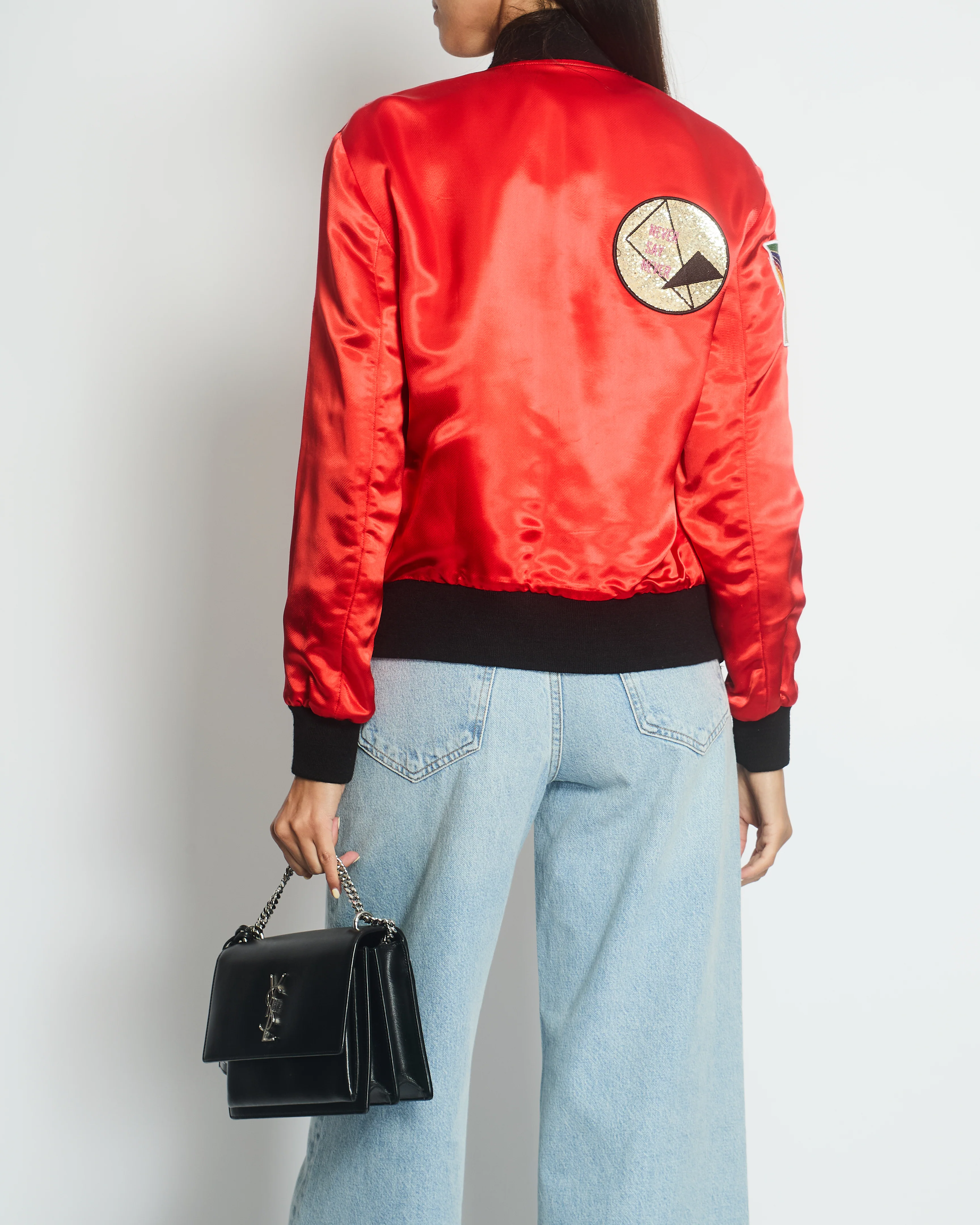 Saint Laurent Red and Black Silk Bomber Jacket with Glitter Patches Size FR 36 (UK 8) - Image 2