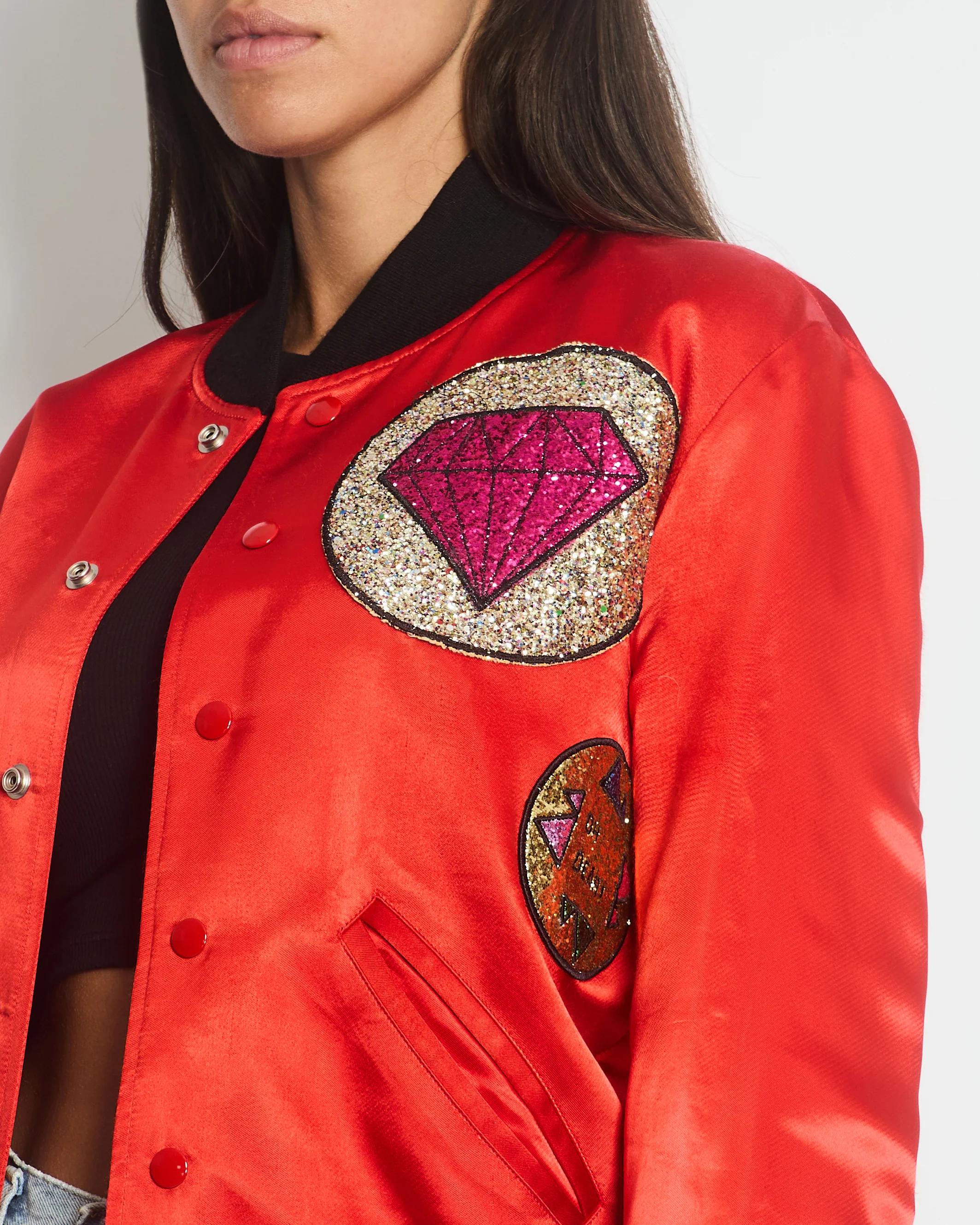 Saint Laurent Red and Black Silk Bomber Jacket with Glitter Patches Size FR 36 (UK 8) - Image 3