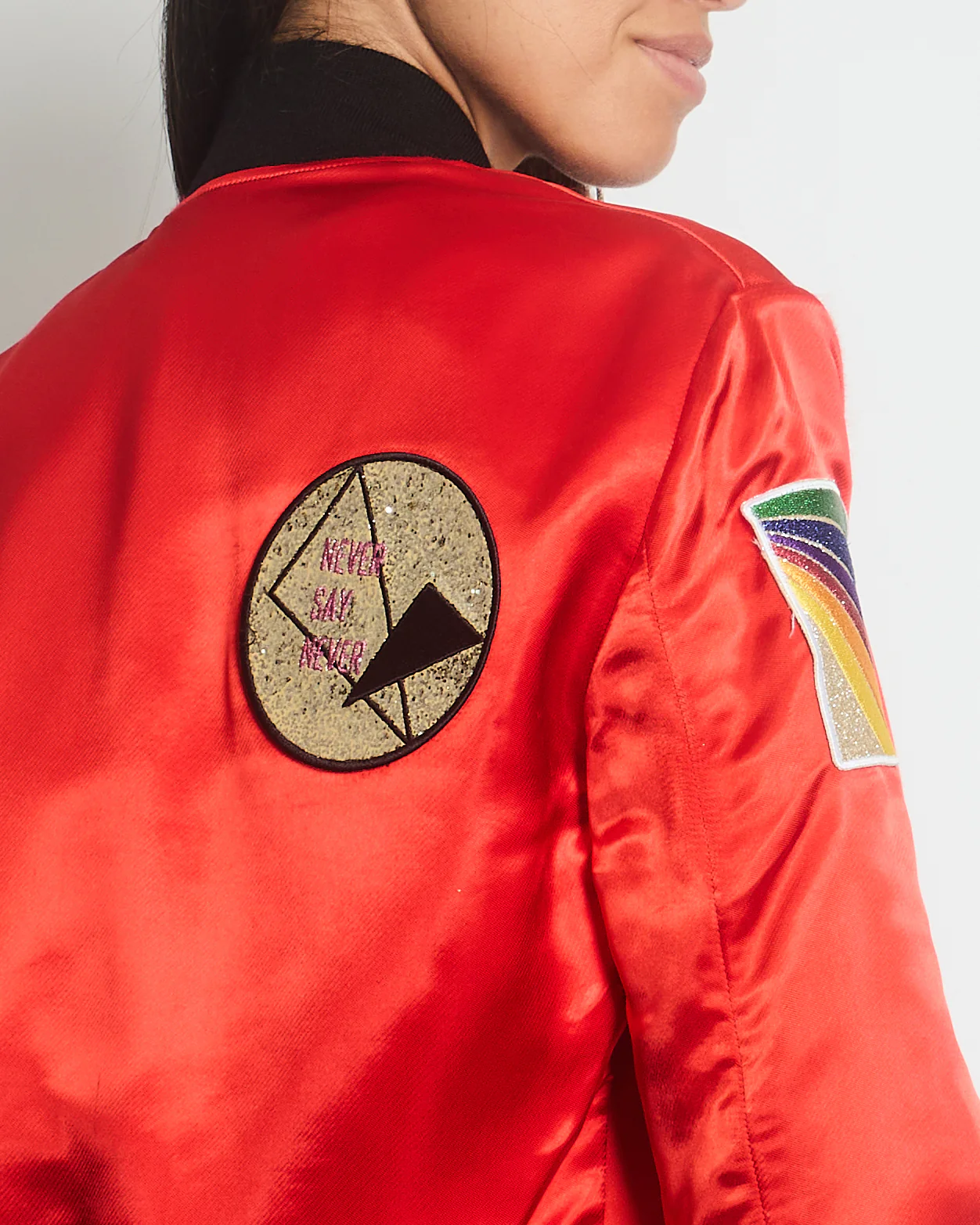 Saint Laurent Red and Black Silk Bomber Jacket with Glitter Patches Size FR 36 (UK 8) - Image 4
