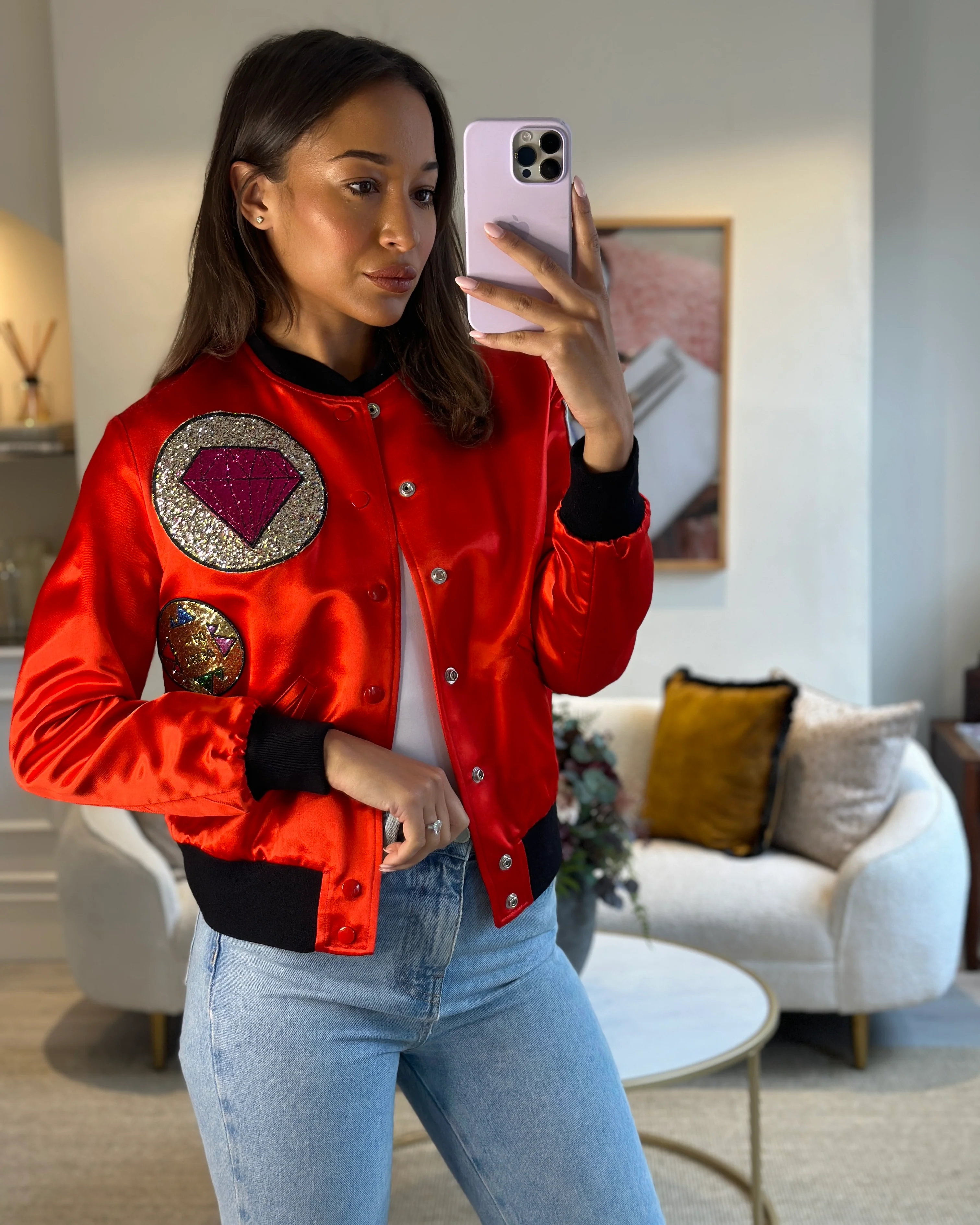 Saint Laurent Red and Black Silk Bomber Jacket with Glitter Patches Size FR 36 (UK 8) - Image 5