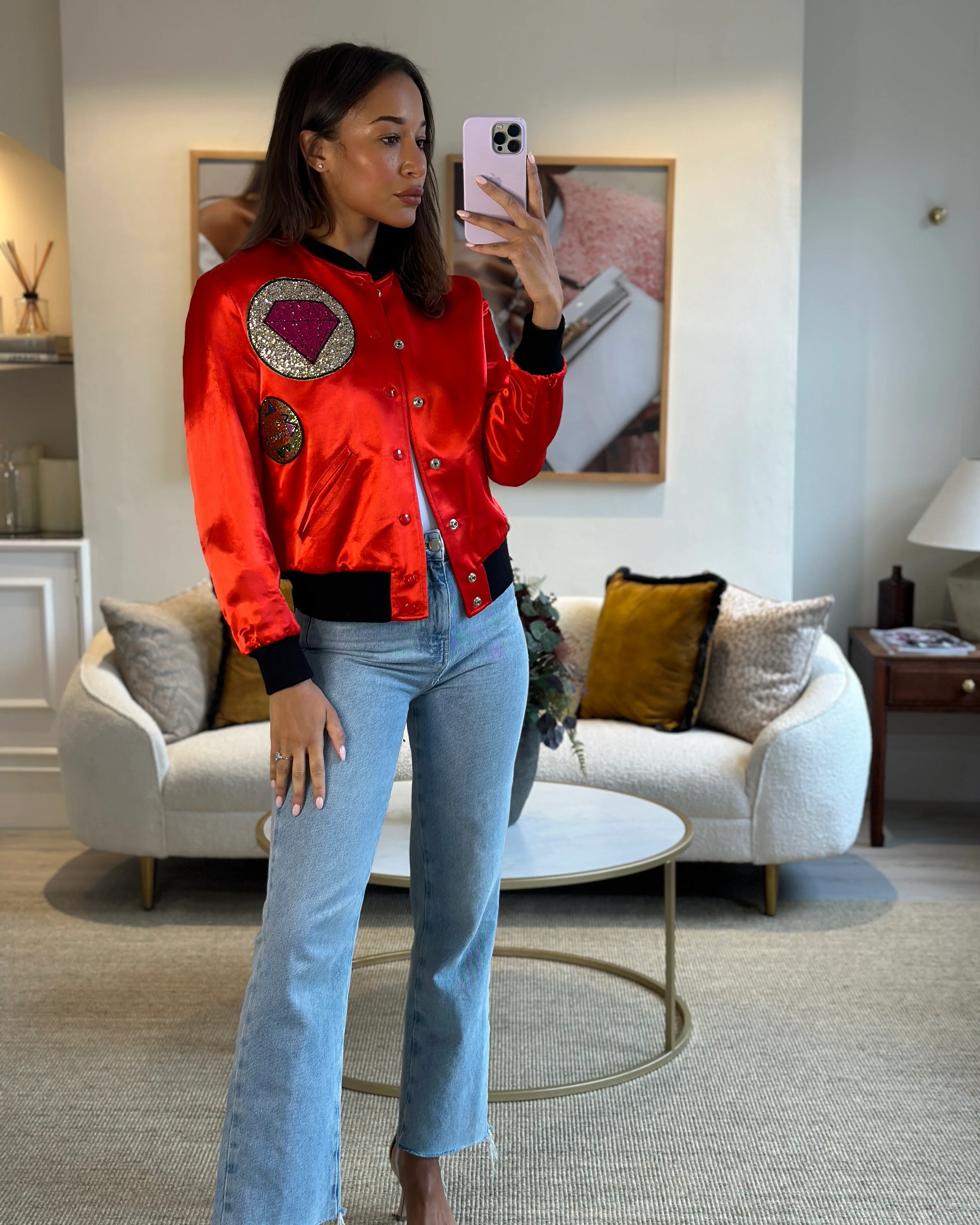 Saint Laurent Red and Black Silk Bomber Jacket with Glitter Patches Size FR 36 (UK 8) - Image 6