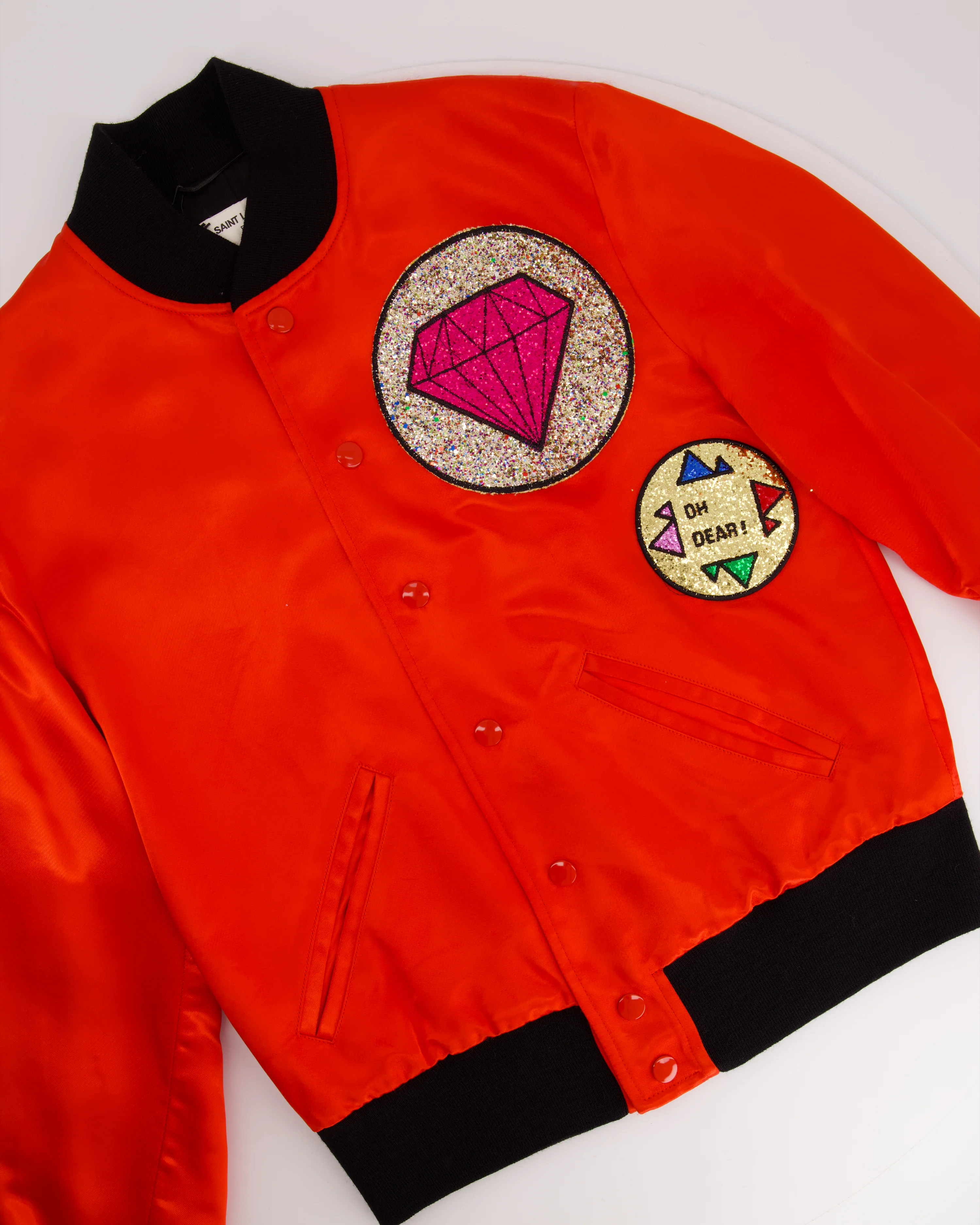 Saint Laurent Red and Black Silk Bomber Jacket with Glitter Patches Size FR 36 (UK 8) - Image 7
