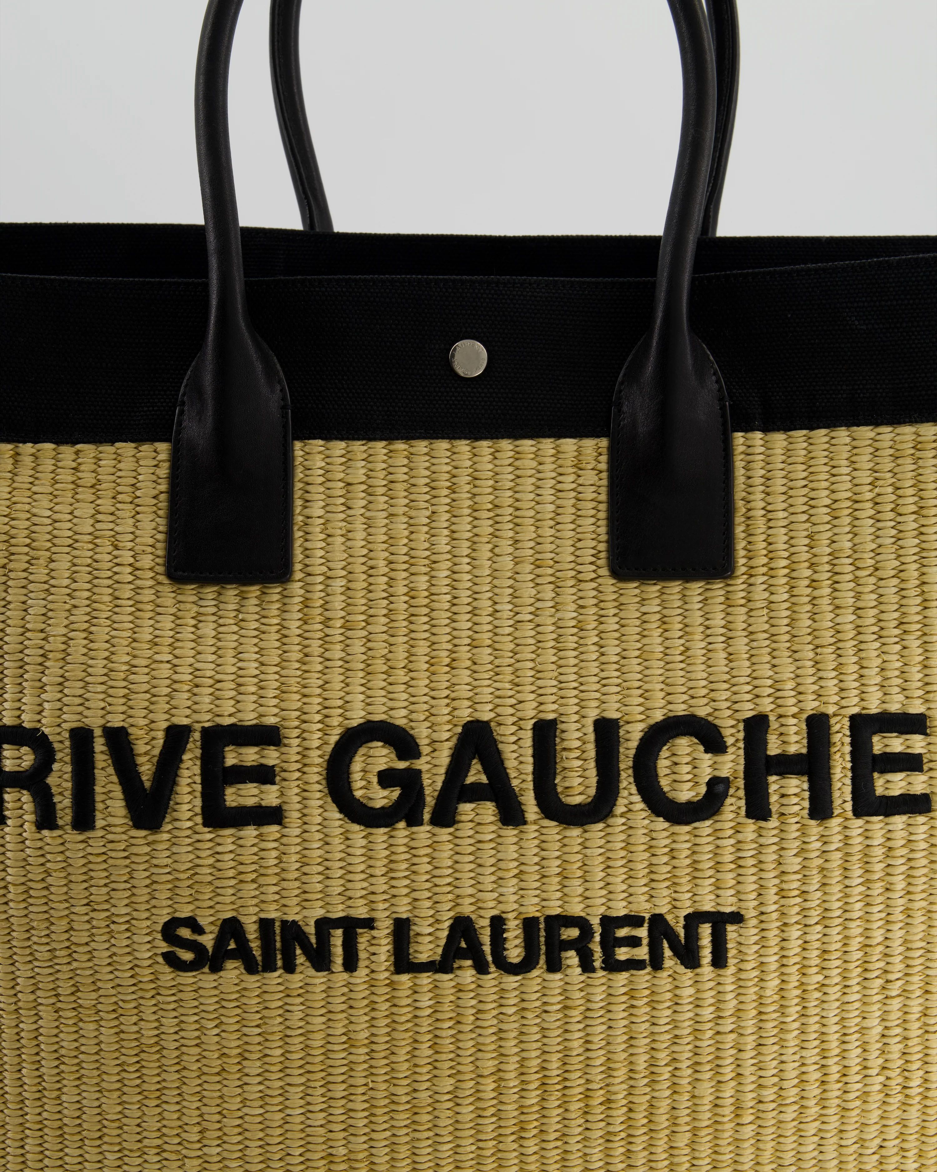 Saint Laurent Rive Gauche Beige and Black Raffia Tote Bag with Silver Hardware - Image 14