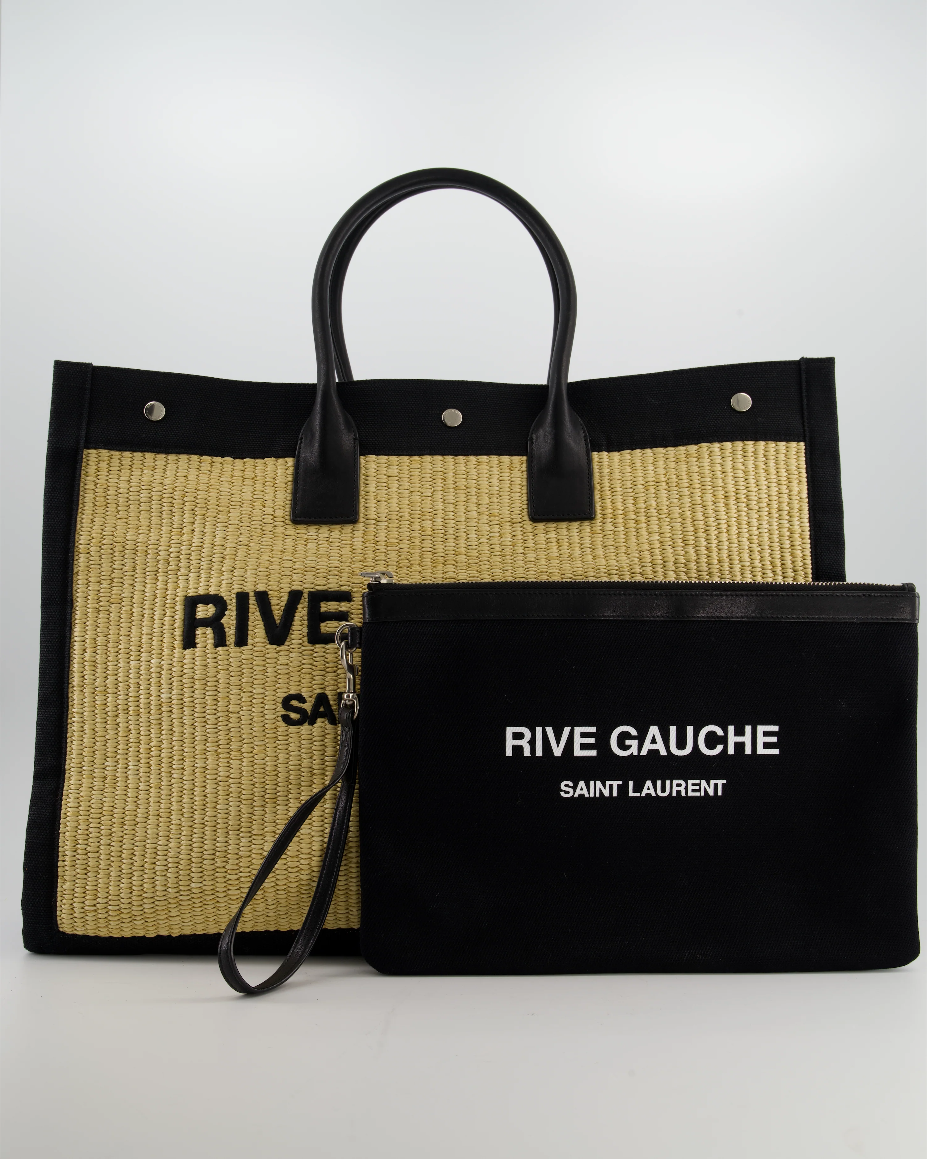 Saint Laurent Rive Gauche Beige and Black Raffia Tote Bag with Silver Hardware - Image 2