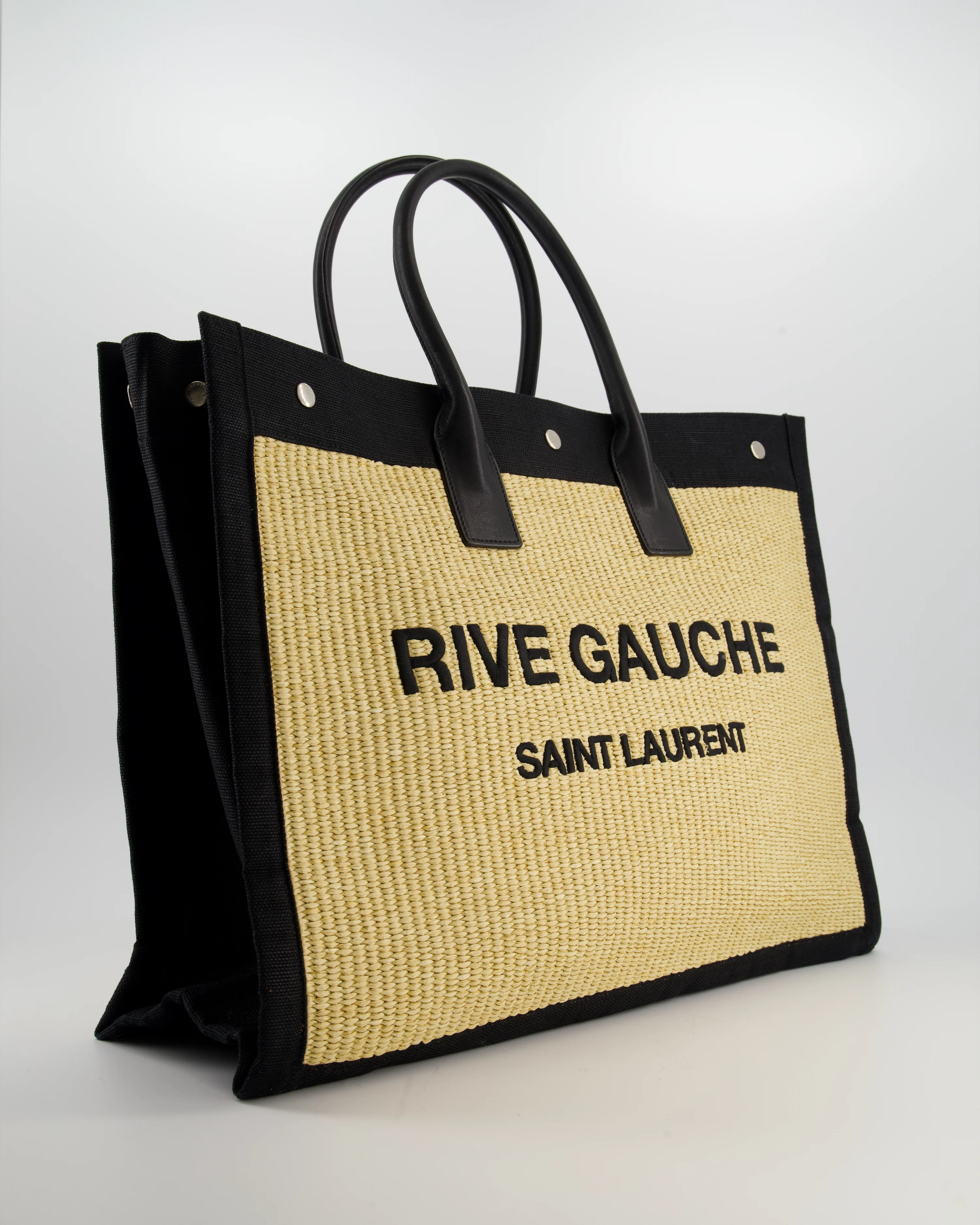 Saint Laurent Rive Gauche Beige and Black Raffia Tote Bag with Silver Hardware - Image 3