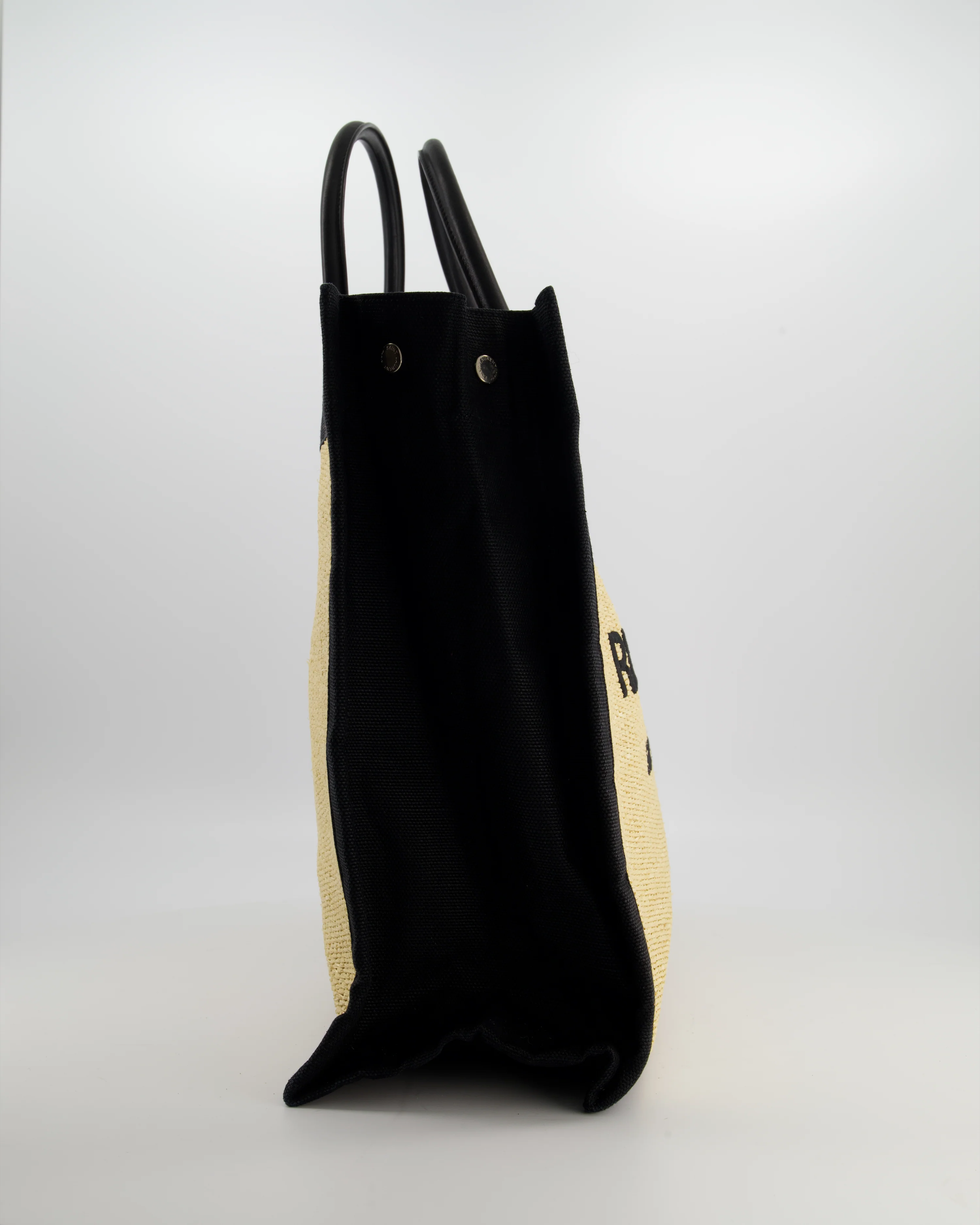 Saint Laurent Rive Gauche Beige and Black Raffia Tote Bag with Silver Hardware - Image 4