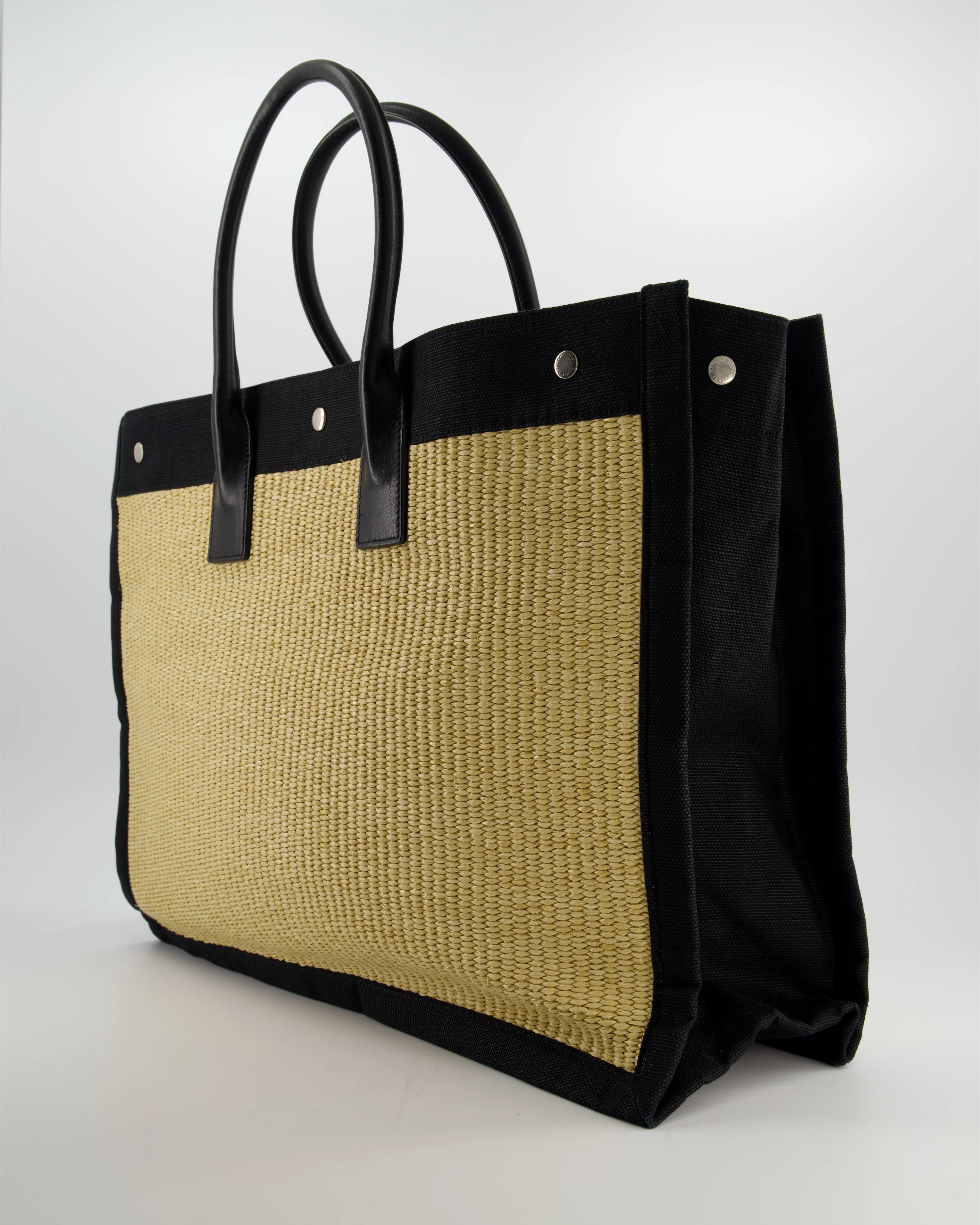 Saint Laurent Rive Gauche Beige and Black Raffia Tote Bag with Silver Hardware - Image 5