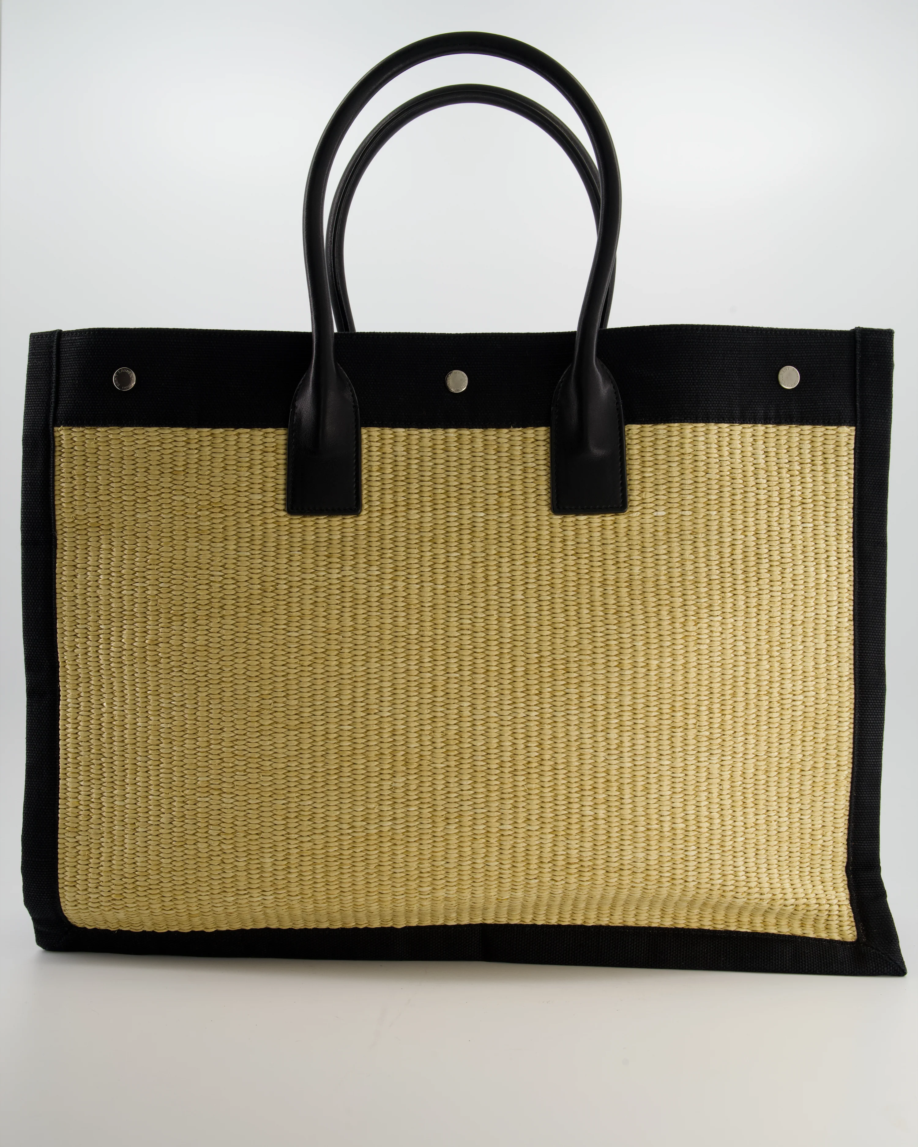 Saint Laurent Rive Gauche Beige and Black Raffia Tote Bag with Silver Hardware - Image 6
