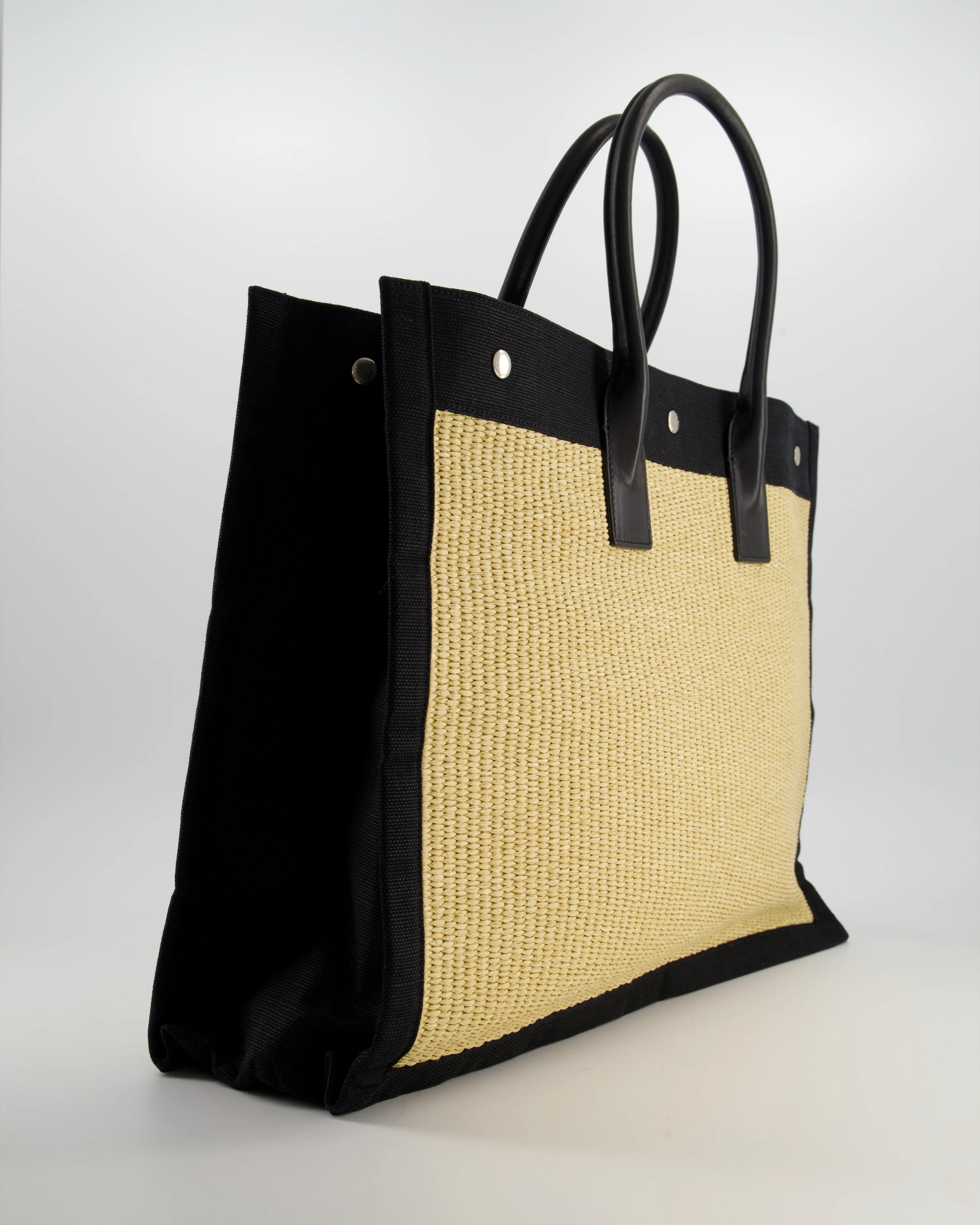 Saint Laurent Rive Gauche Beige and Black Raffia Tote Bag with Silver Hardware - Image 7