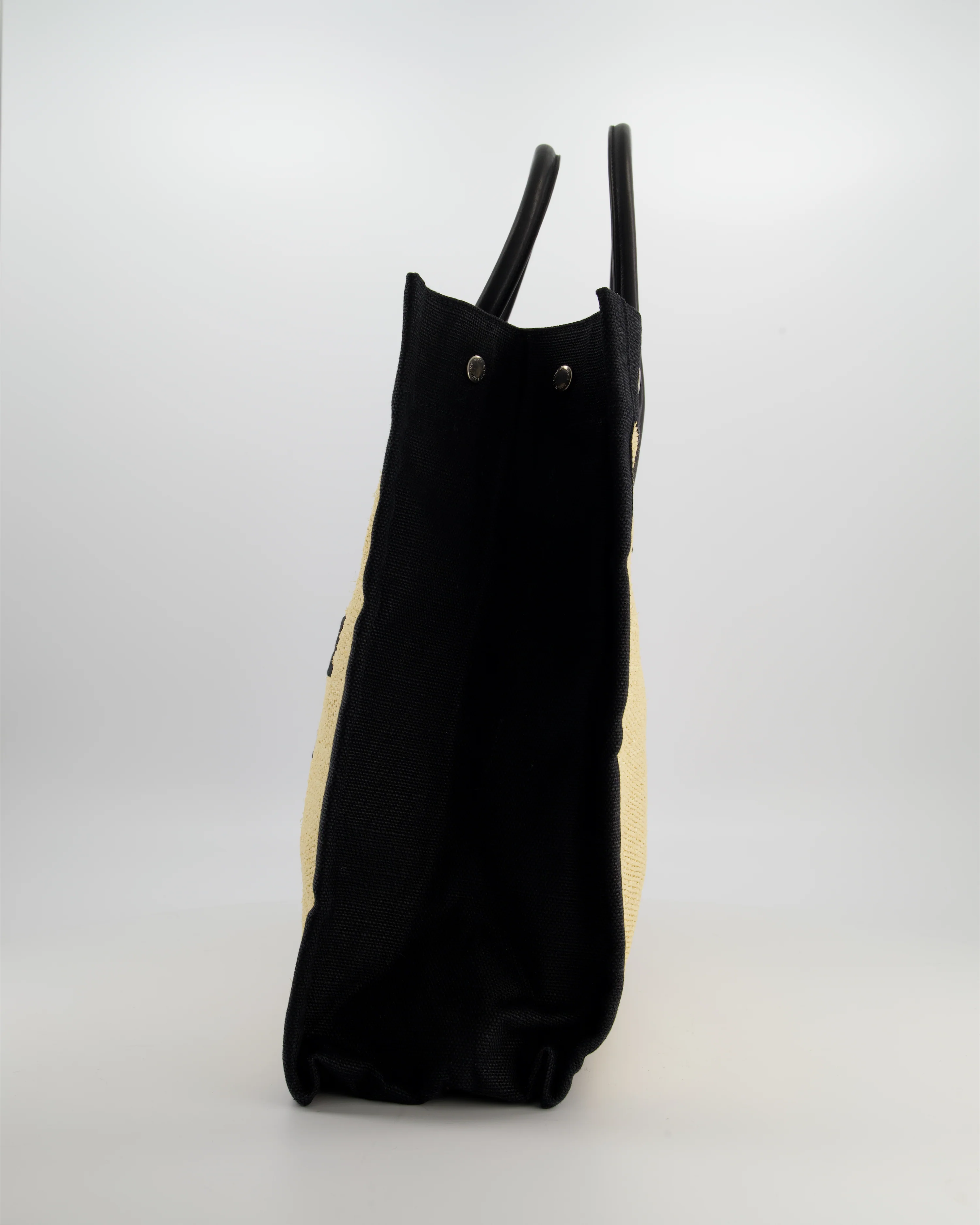Saint Laurent Rive Gauche Beige and Black Raffia Tote Bag with Silver Hardware - Image 8