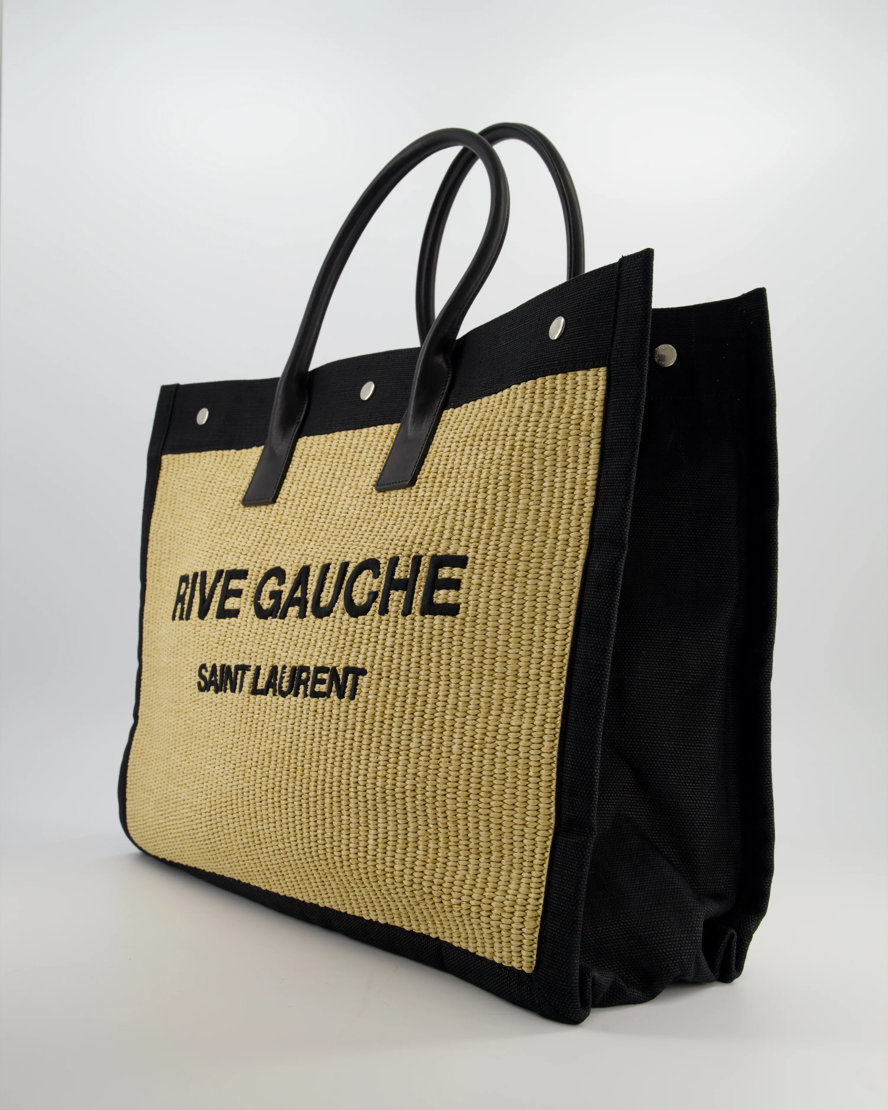 Saint Laurent Rive Gauche Beige and Black Raffia Tote Bag with Silver Hardware - Image 9