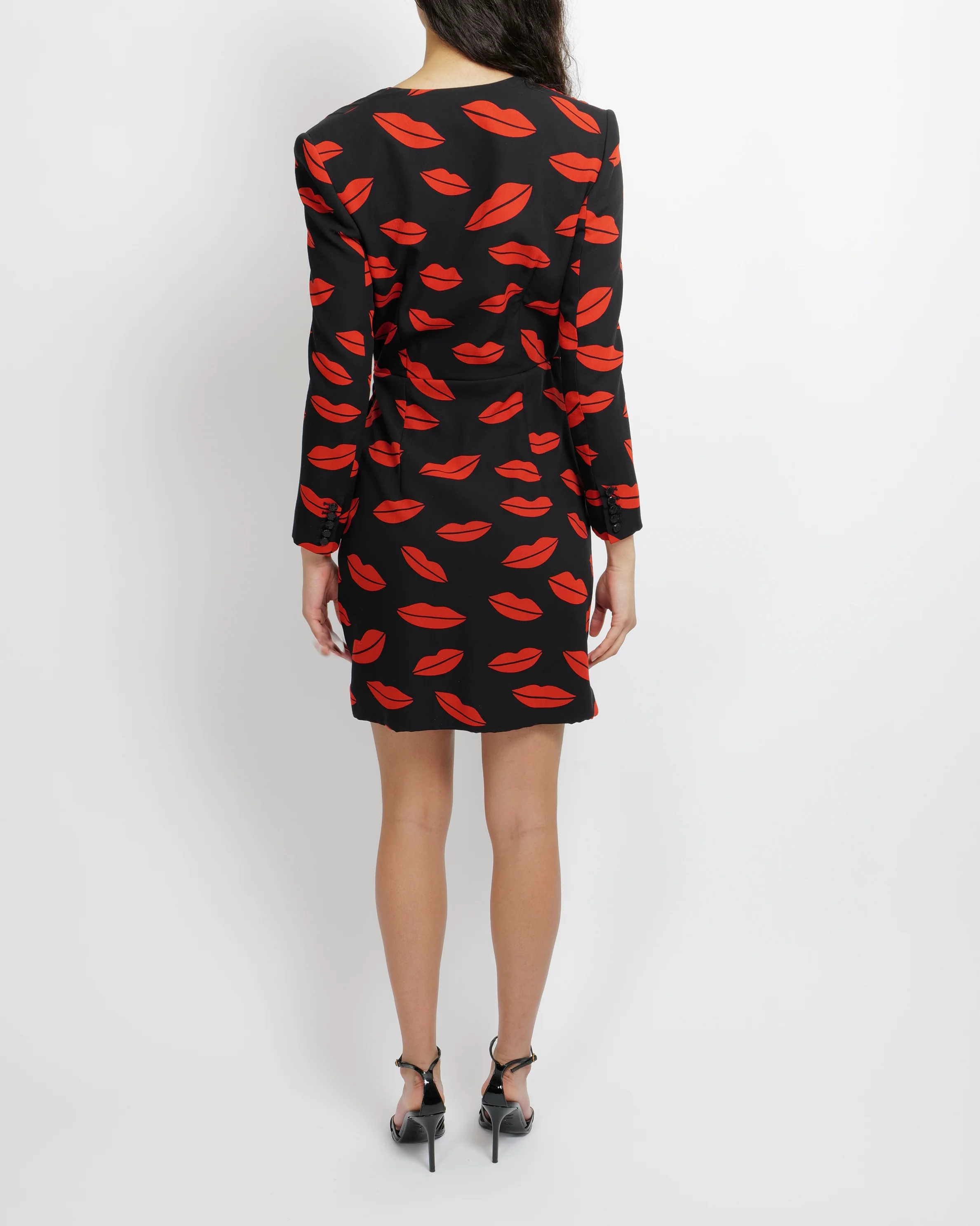 Saint Laurent Spring 2014 Black Silk and Red Lip Printed Mini Wrap Dress with with Sequin Buttons Size FR 40 (UK 12) - Image 5