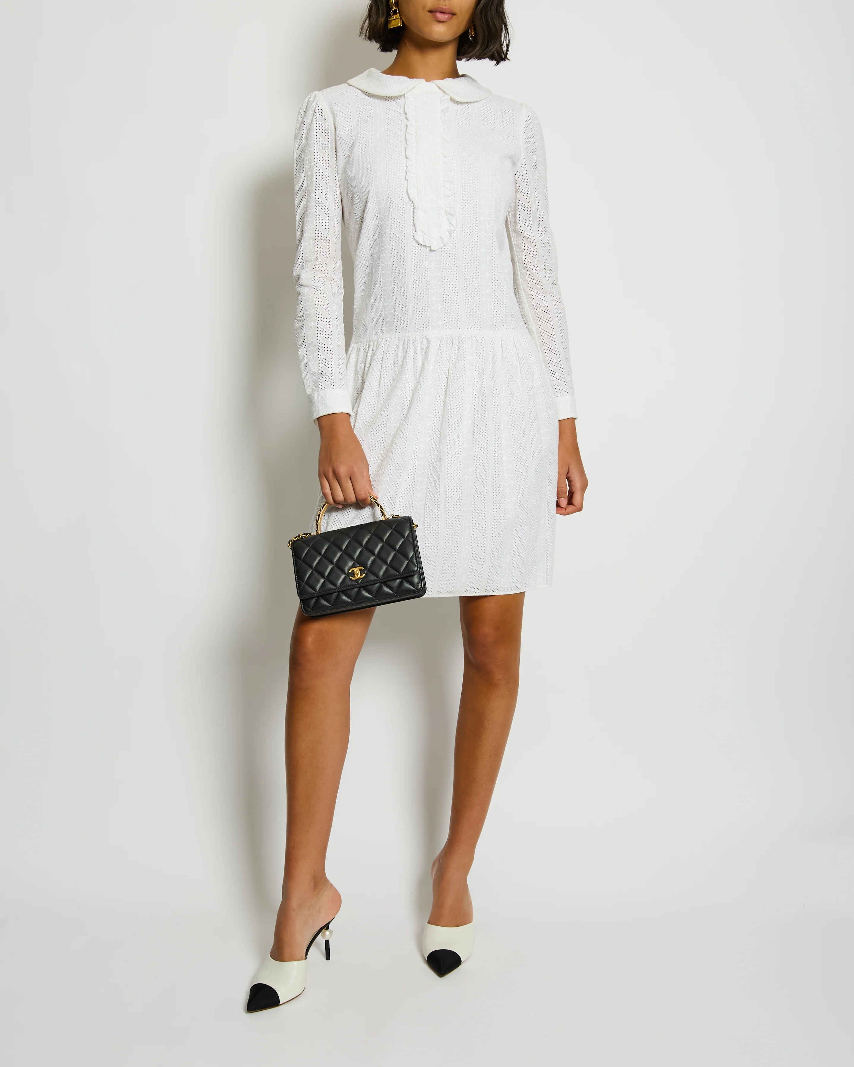 Saint Laurent White Embroidered Long-Sleeve Mini Dress with Collar Detail Size M (UK 10)