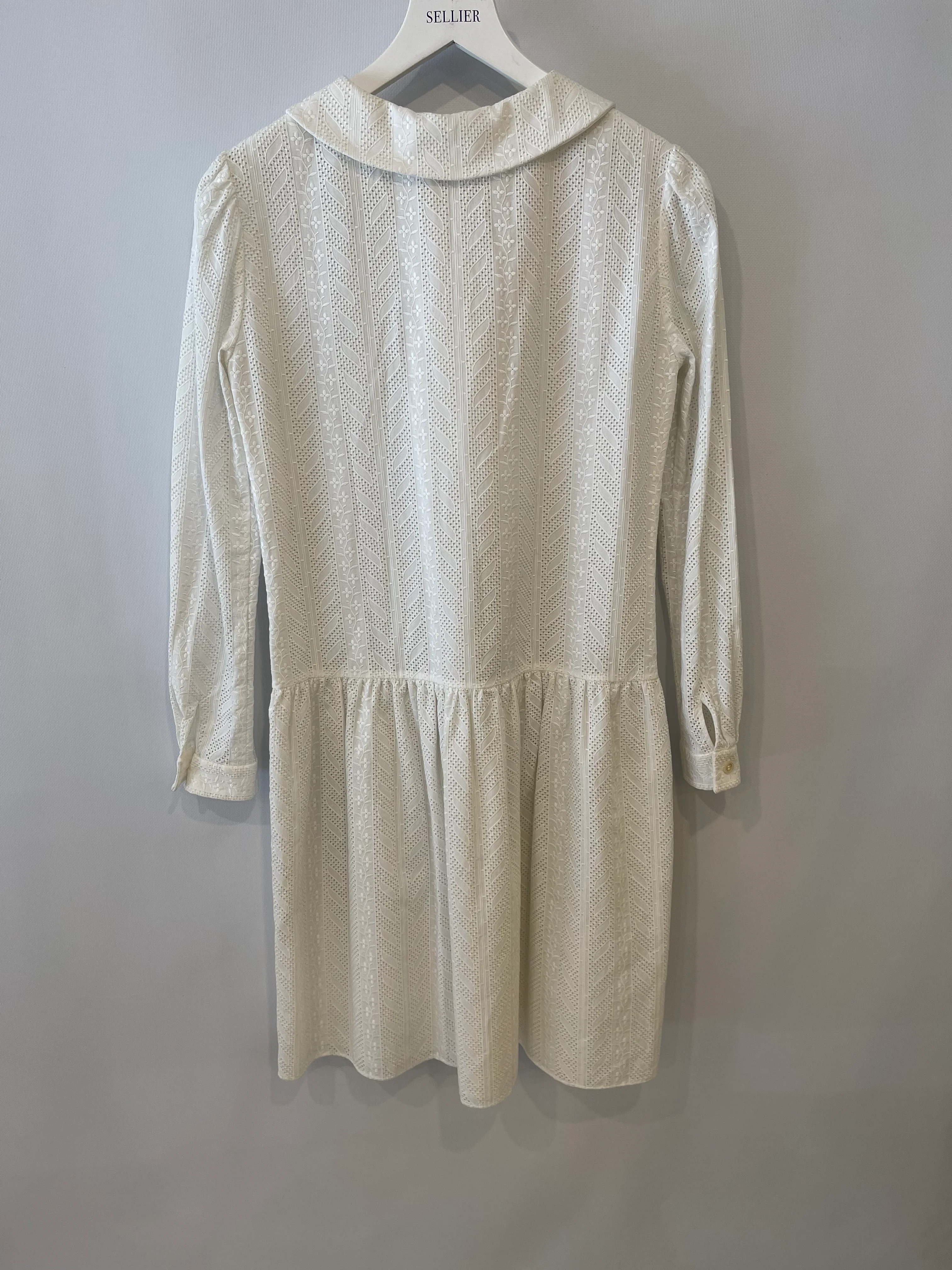 Saint Laurent White Embroidered Long-Sleeve Mini Dress with Collar Detail Size M (UK 10) - Image 10