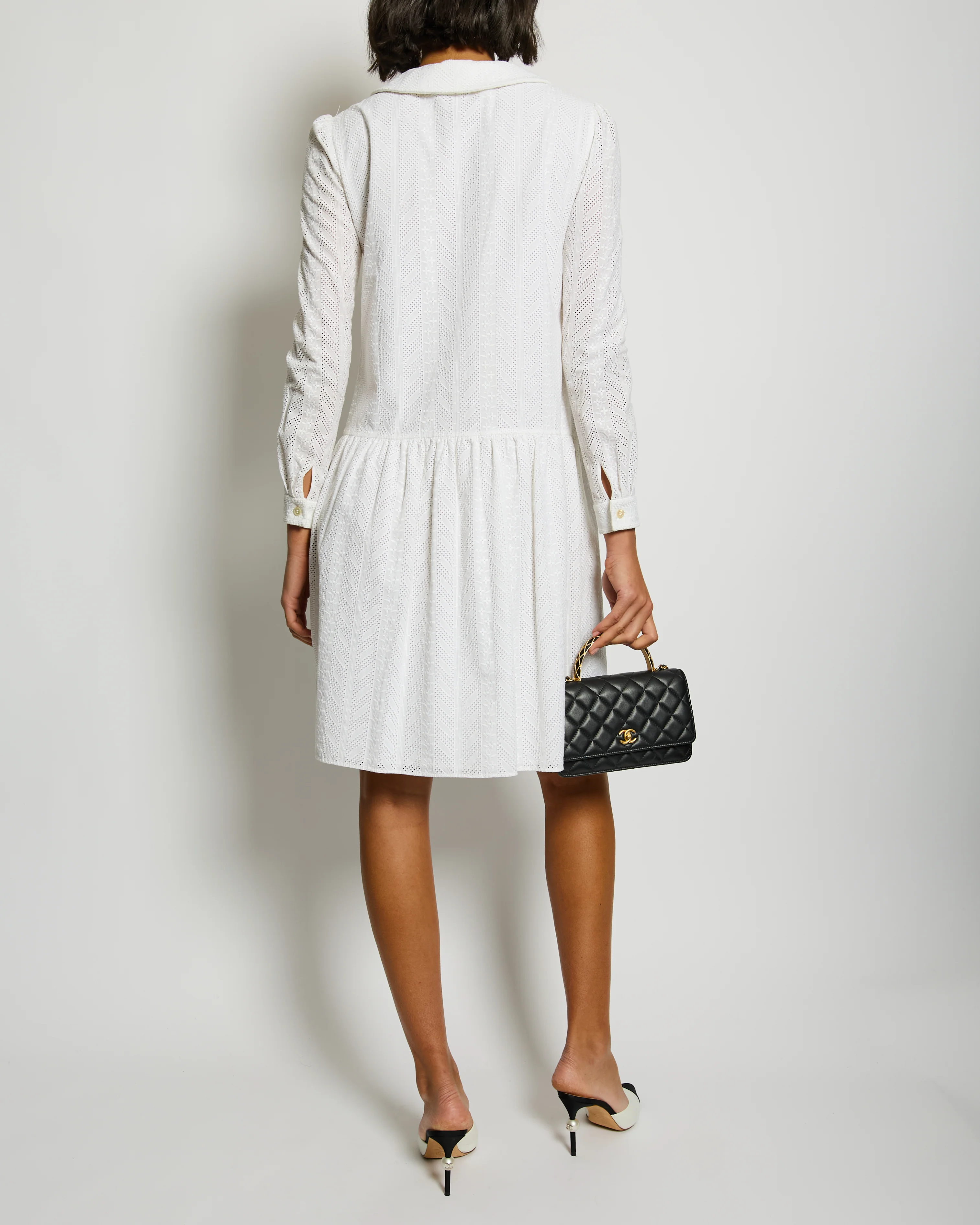 Saint Laurent White Embroidered Long-Sleeve Mini Dress with Collar Detail Size M (UK 10) - Image 2