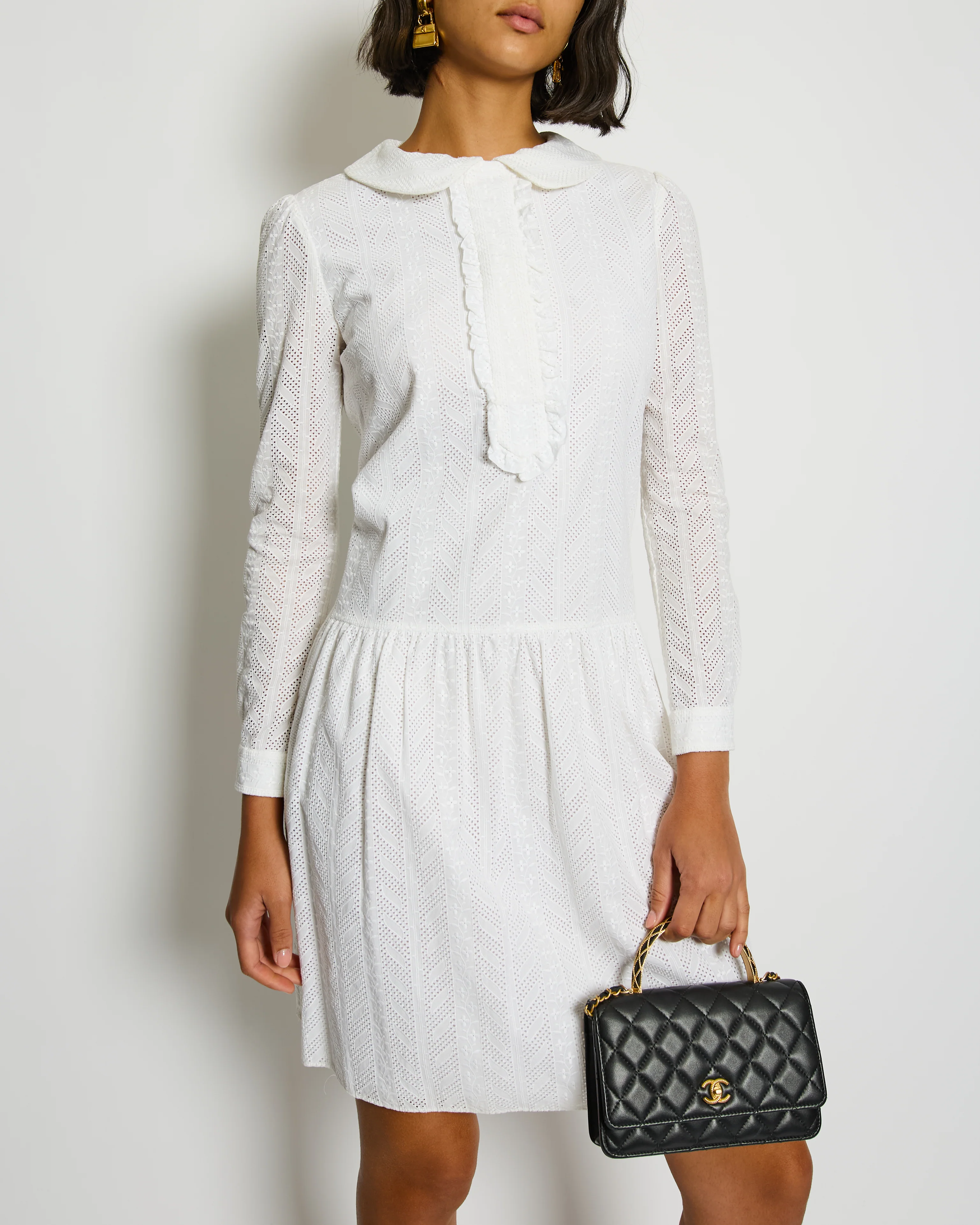 Saint Laurent White Embroidered Long-Sleeve Mini Dress with Collar Detail Size M (UK 10) - Image 3