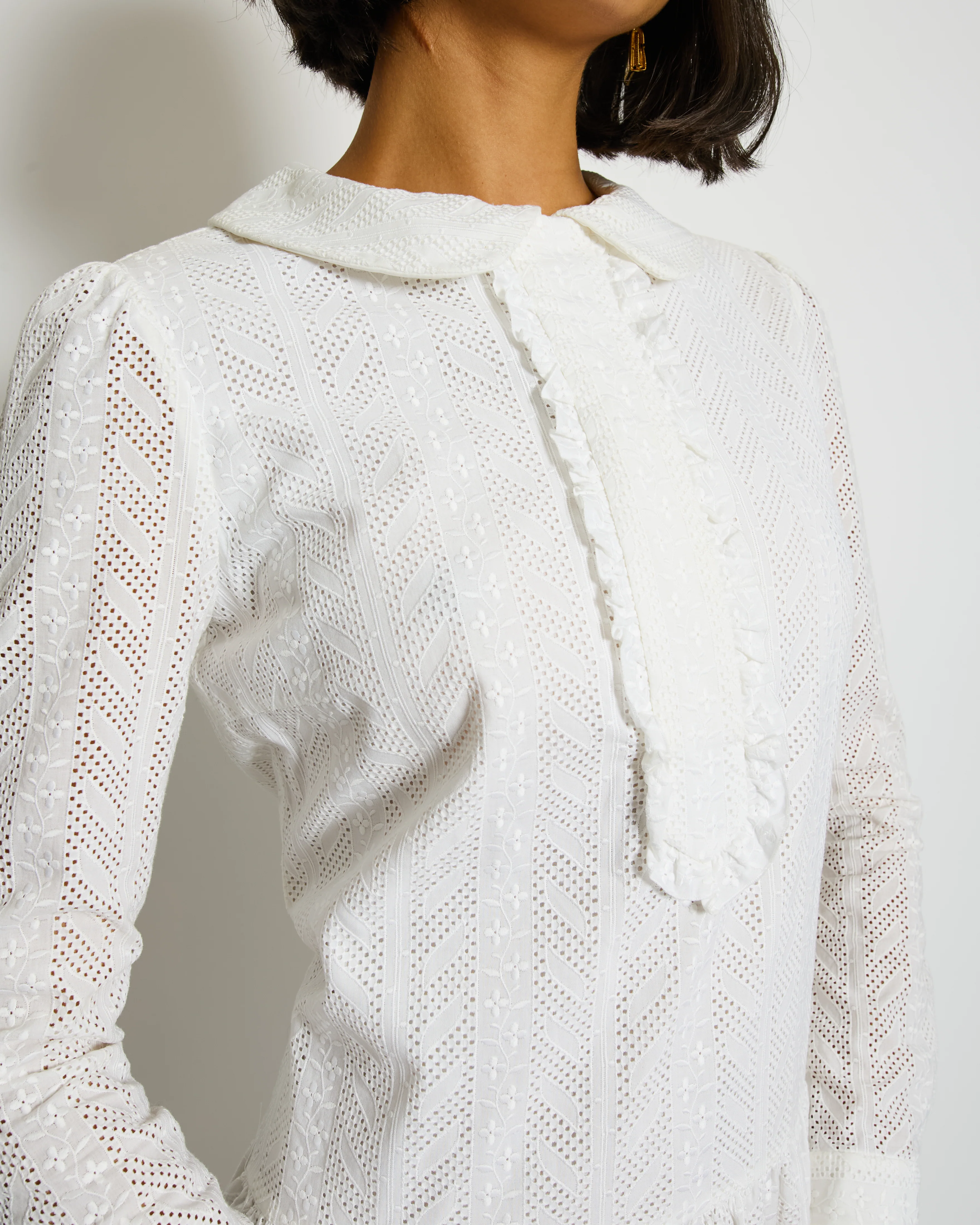 Saint Laurent White Embroidered Long-Sleeve Mini Dress with Collar Detail Size M (UK 10) - Image 4