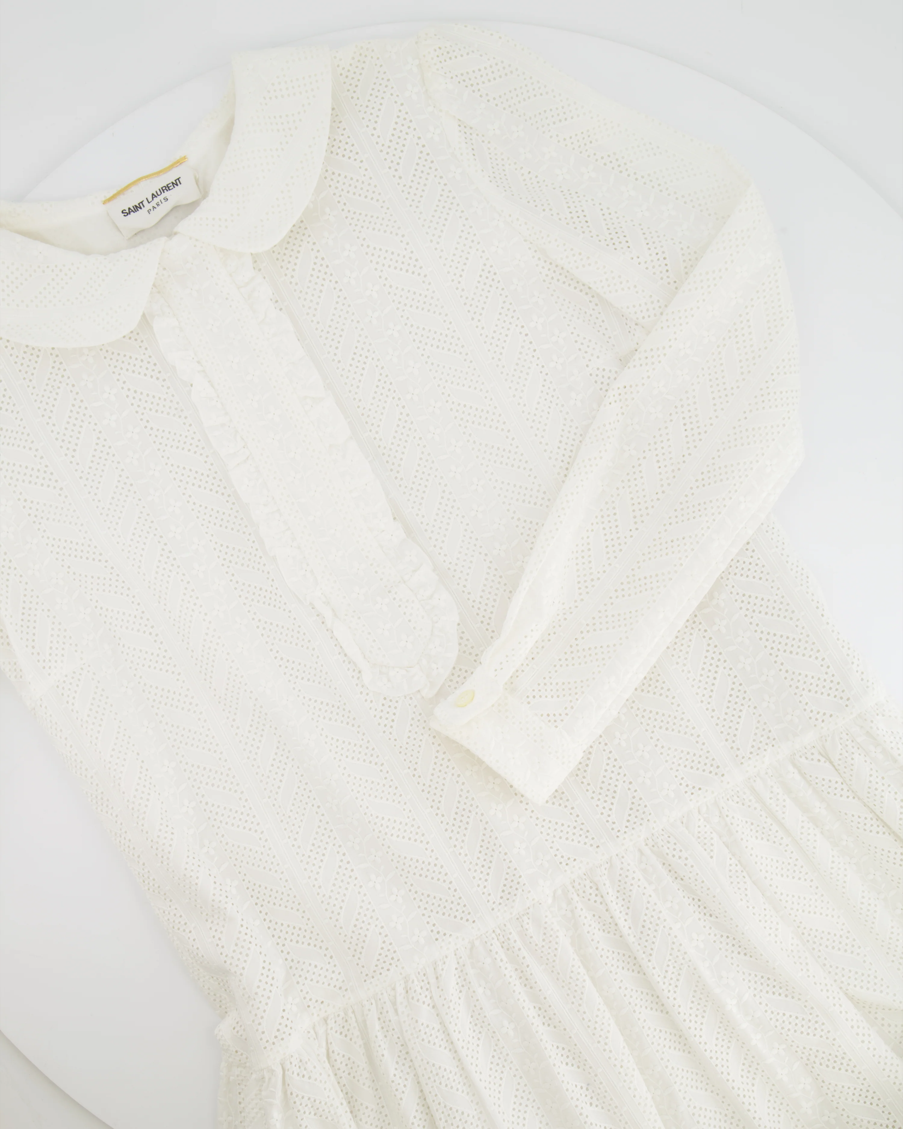 Saint Laurent White Embroidered Long-Sleeve Mini Dress with Collar Detail Size M (UK 10) - Image 6