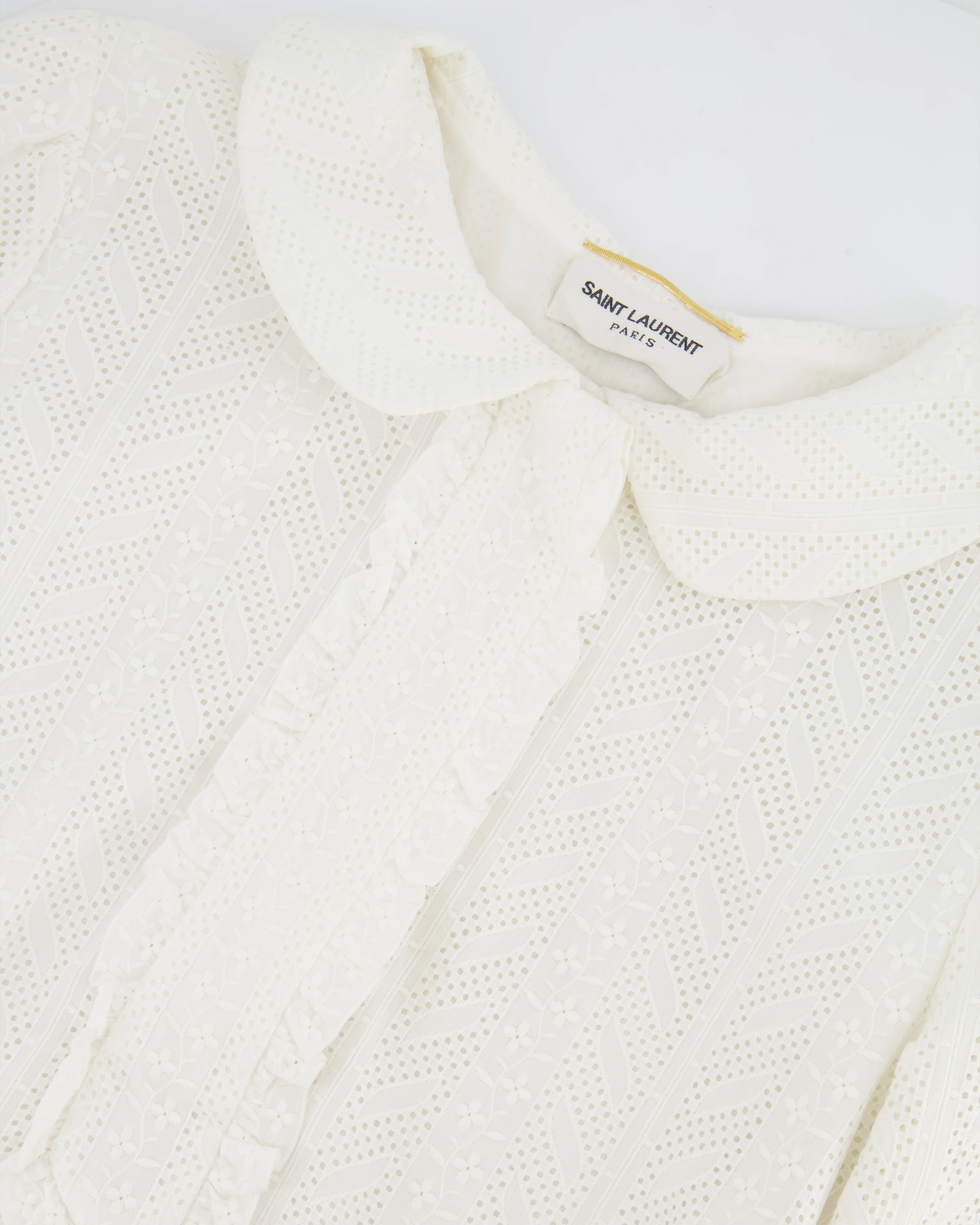 Saint Laurent White Embroidered Long-Sleeve Mini Dress with Collar Detail Size M (UK 10) - Image 8