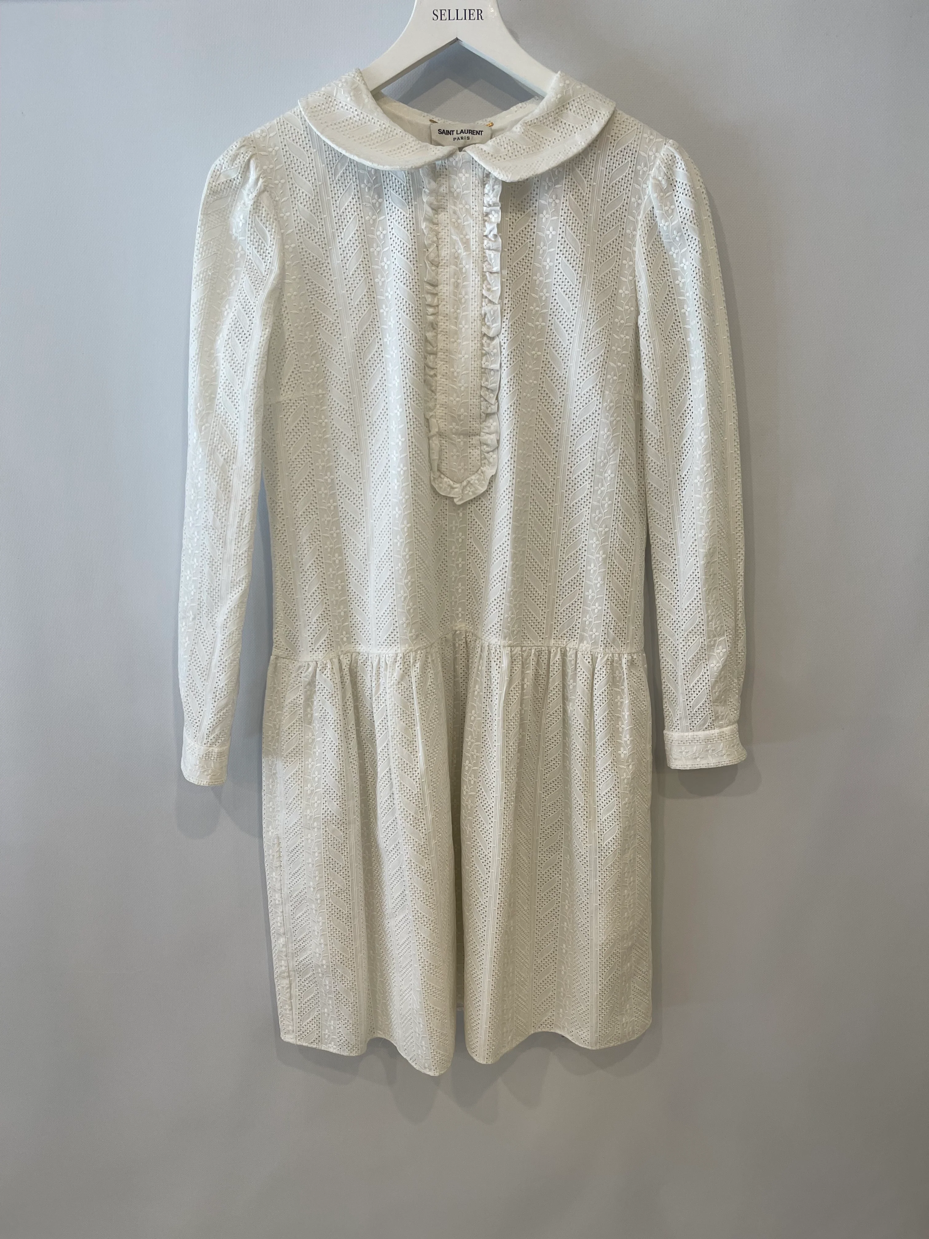 Saint Laurent White Embroidered Long-Sleeve Mini Dress with Collar Detail Size M (UK 10) - Image 9