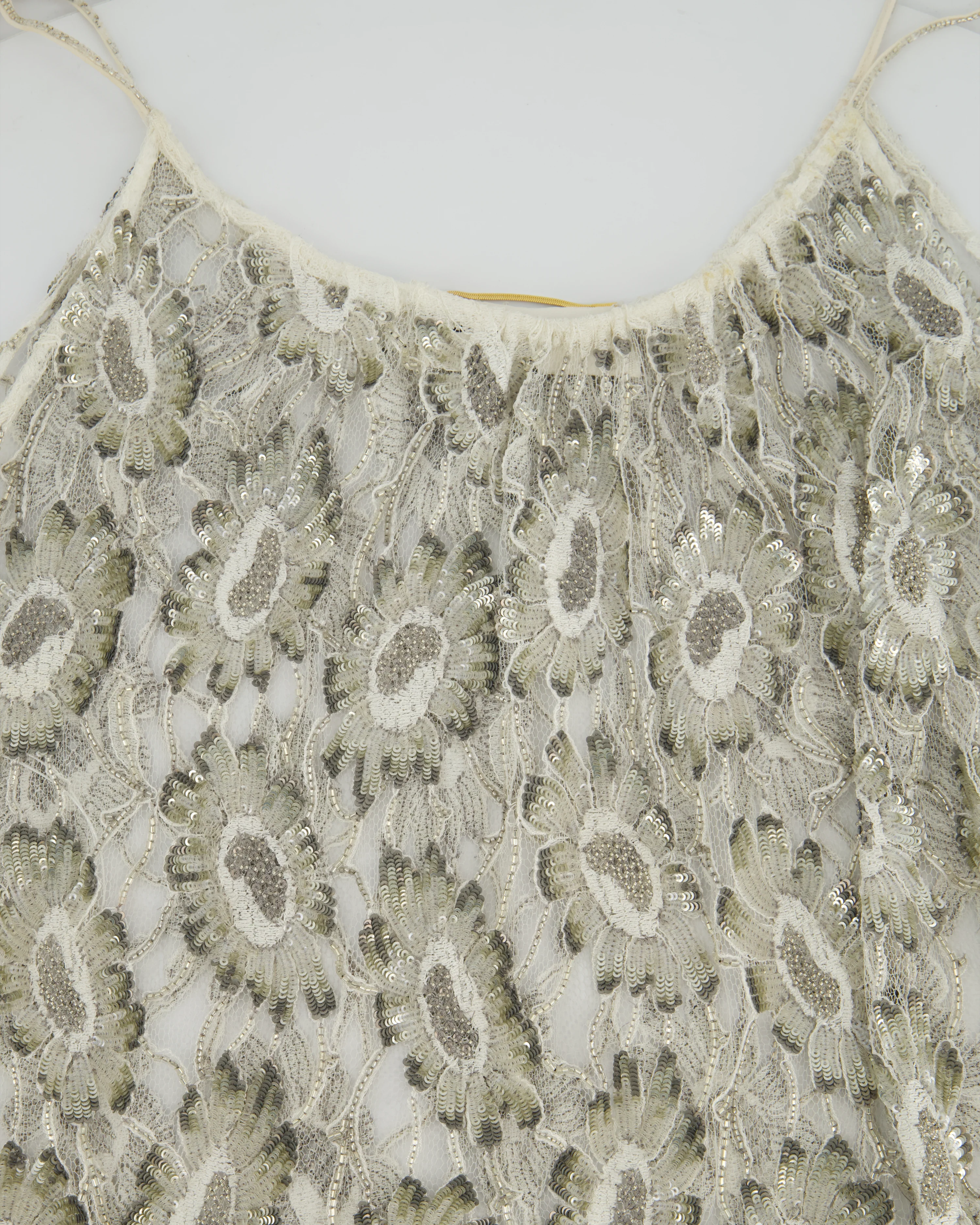 Saint Laurent White & Silver Floral Sequin and Bead Embroidered Mini Dress with White Slip Size FR 36 (UK 8) - Image 9