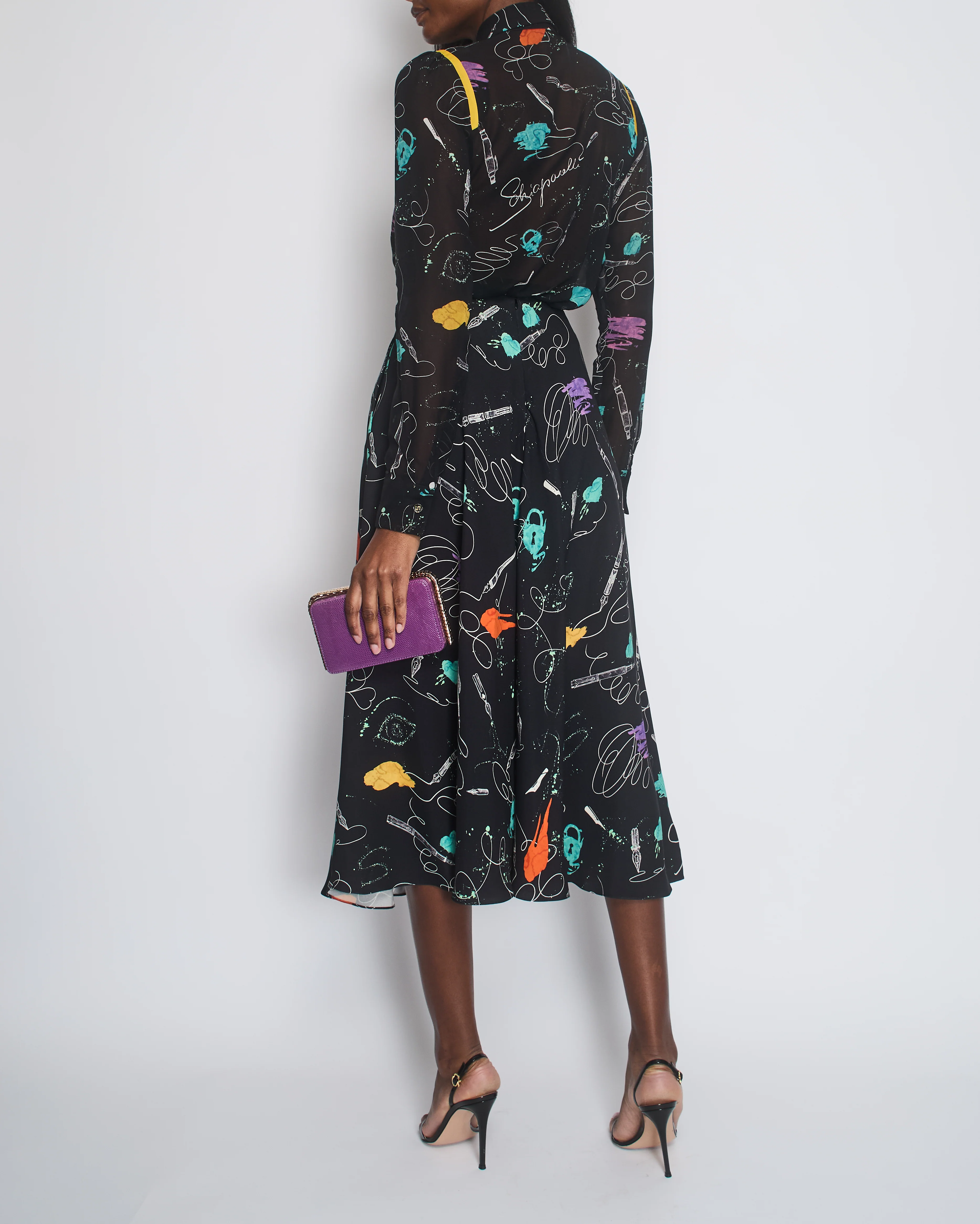 Schiaparelli Black Heart Print Silk Shirt with Matching Skirt Set Size FR 36 (UK 8) - Image 2