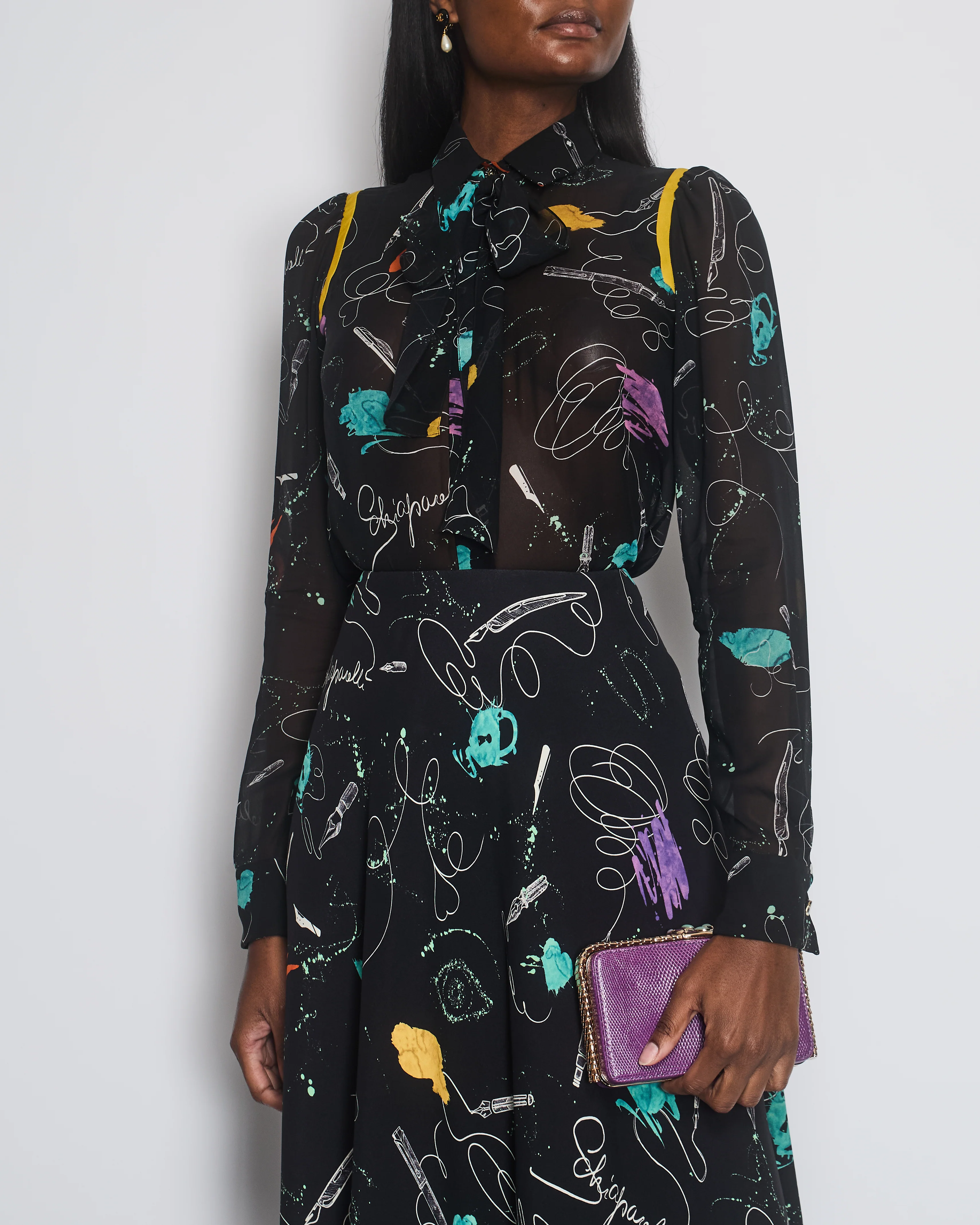 Schiaparelli Black Heart Print Silk Shirt with Matching Skirt Set Size FR 36 (UK 8) - Image 3