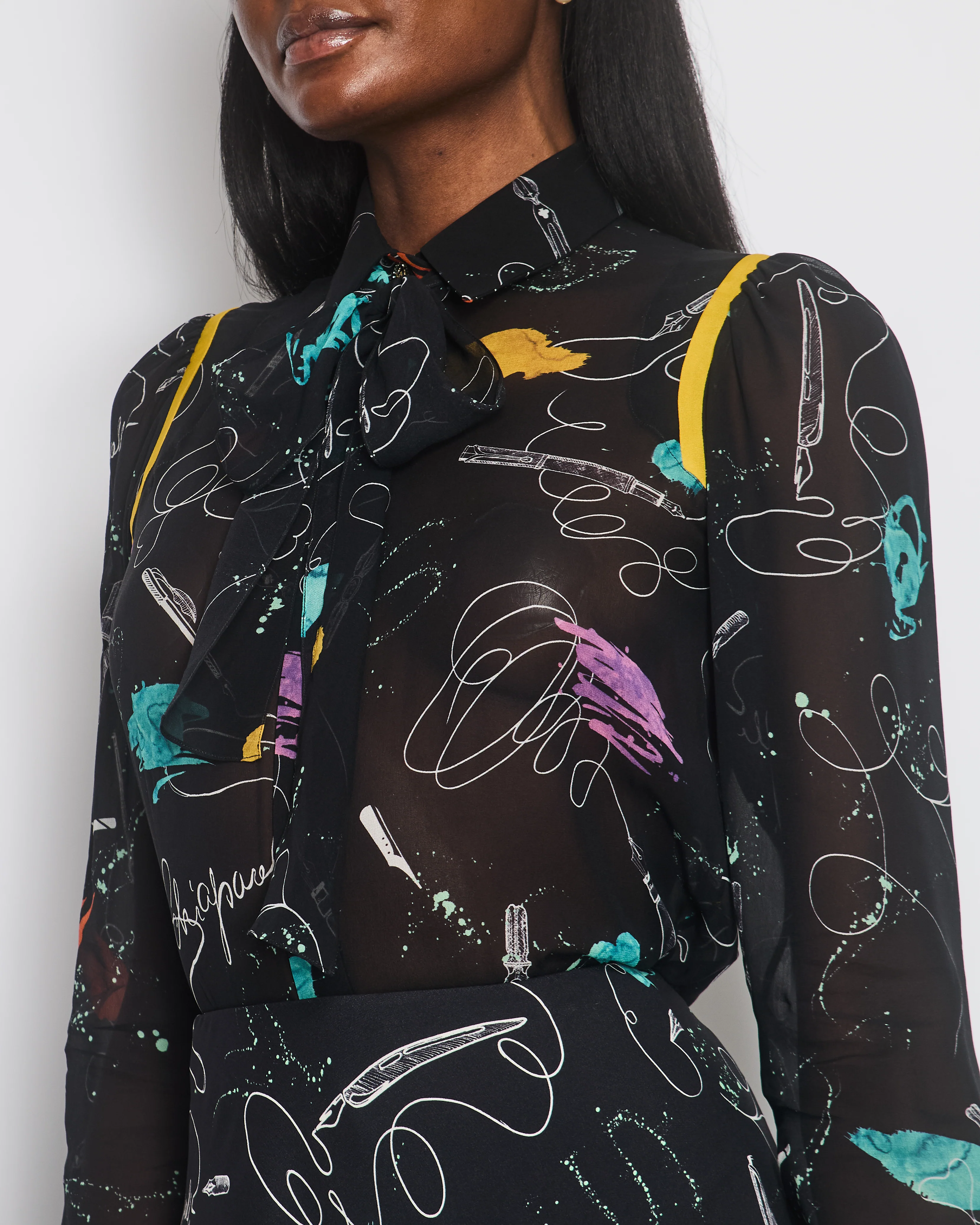 Schiaparelli Black Heart Print Silk Shirt with Matching Skirt Set Size FR 36 (UK 8) - Image 4