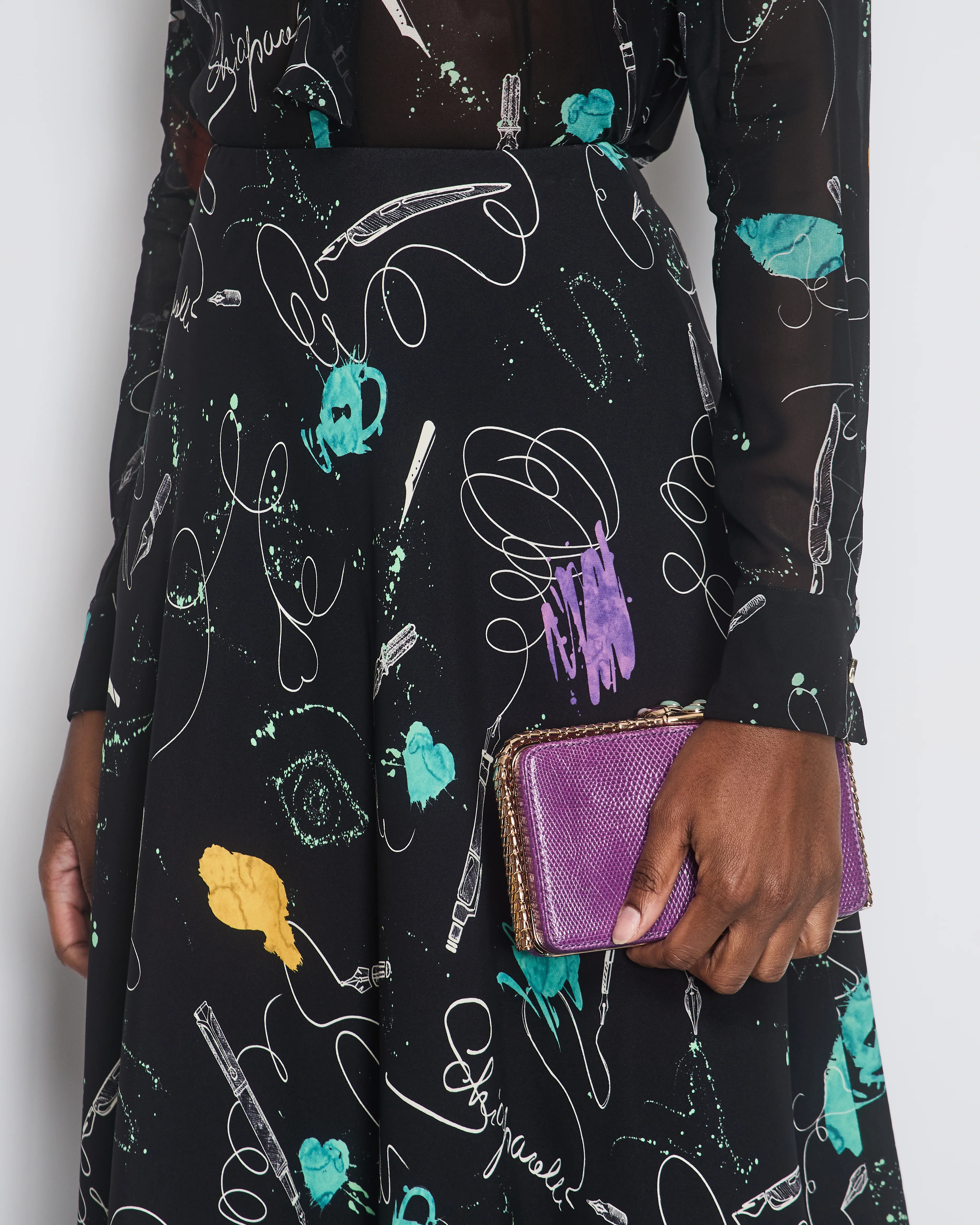Schiaparelli Black Heart Print Silk Shirt with Matching Skirt Set Size FR 36 (UK 8) - Image 5