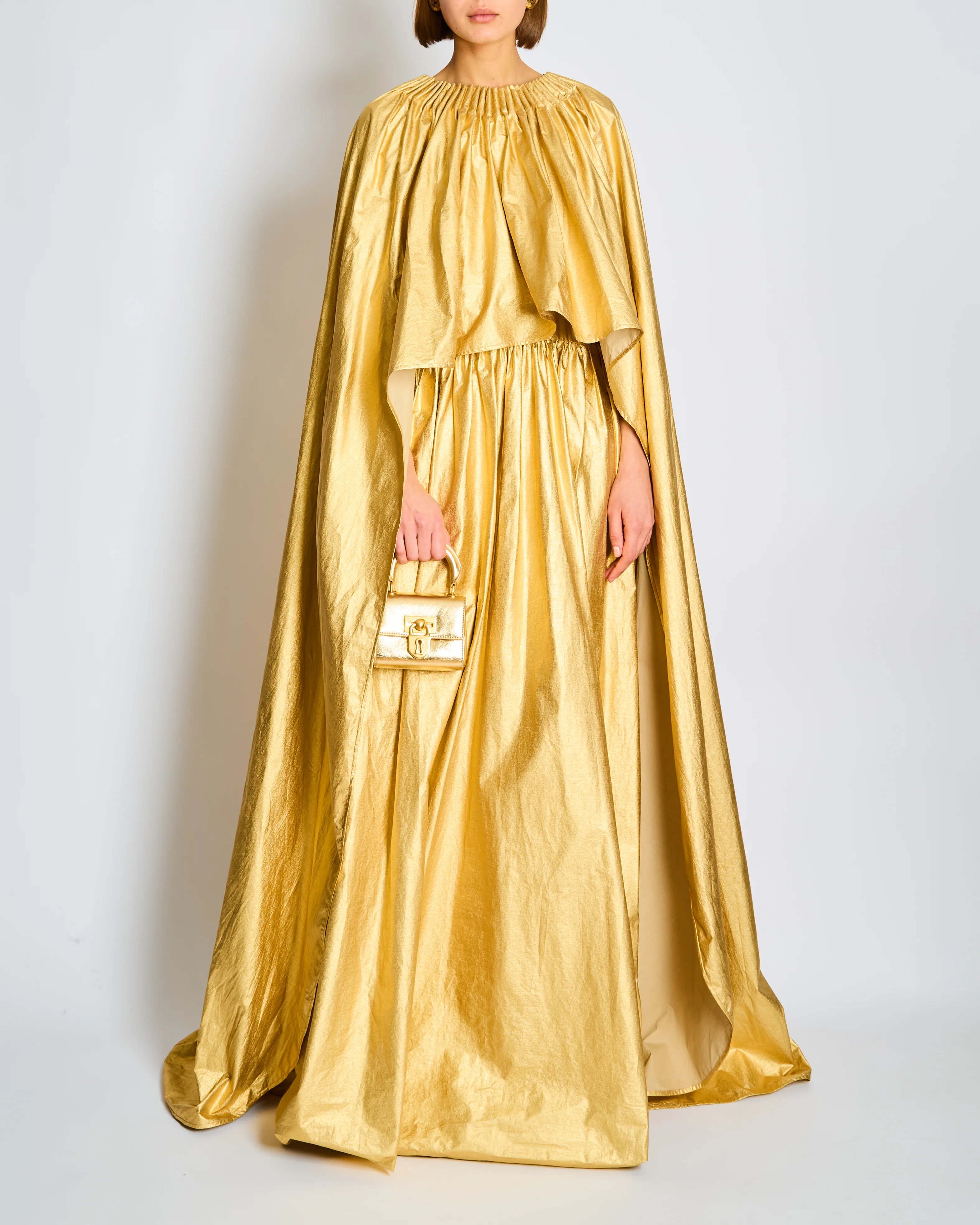 Schiaparelli Gold Ruched Metallic Maxi Cape Dress Size FR 38 (UK 10)