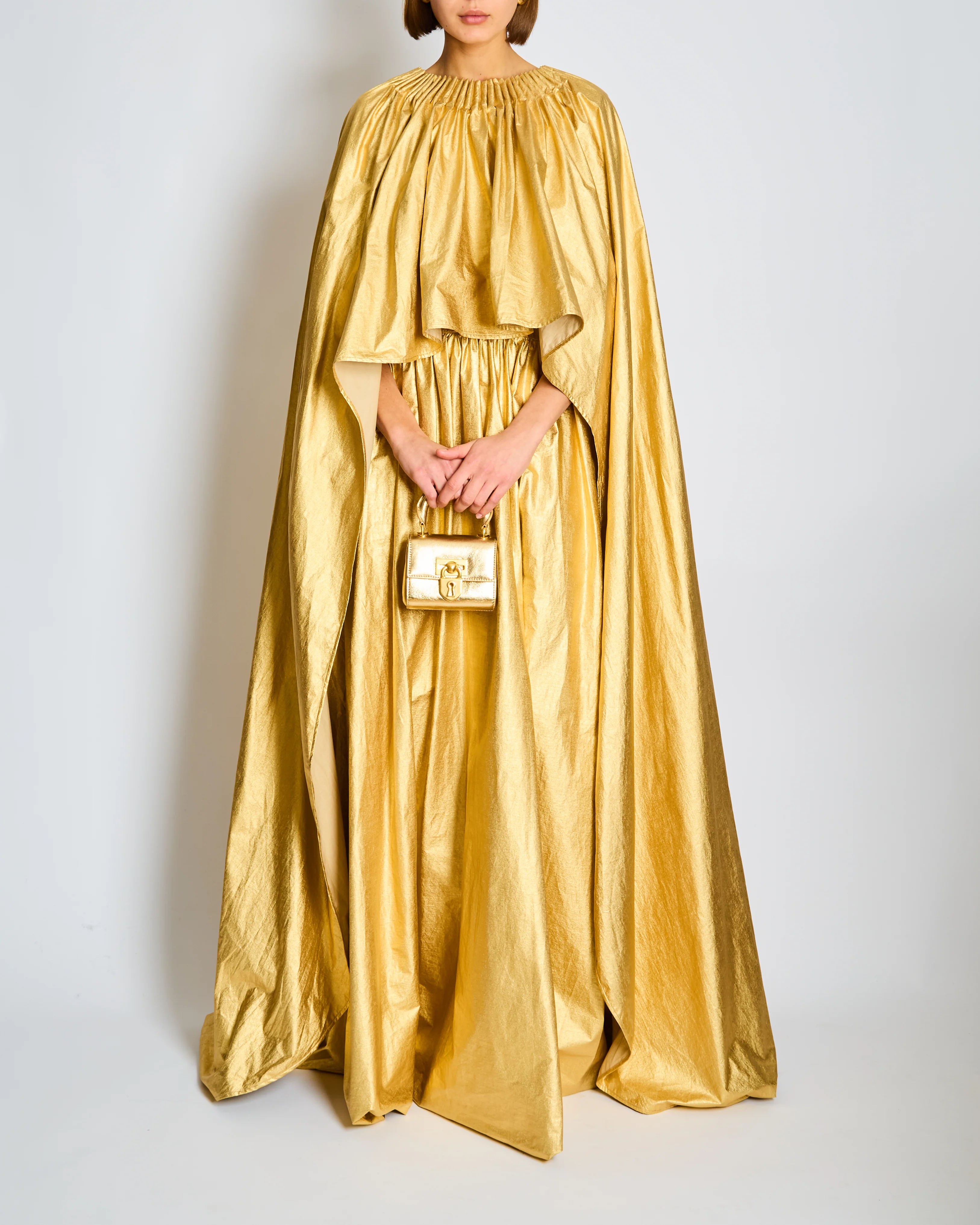Schiaparelli Gold Ruched Metallic Maxi Cape Dress Size FR 38 (UK 10) - Image 3