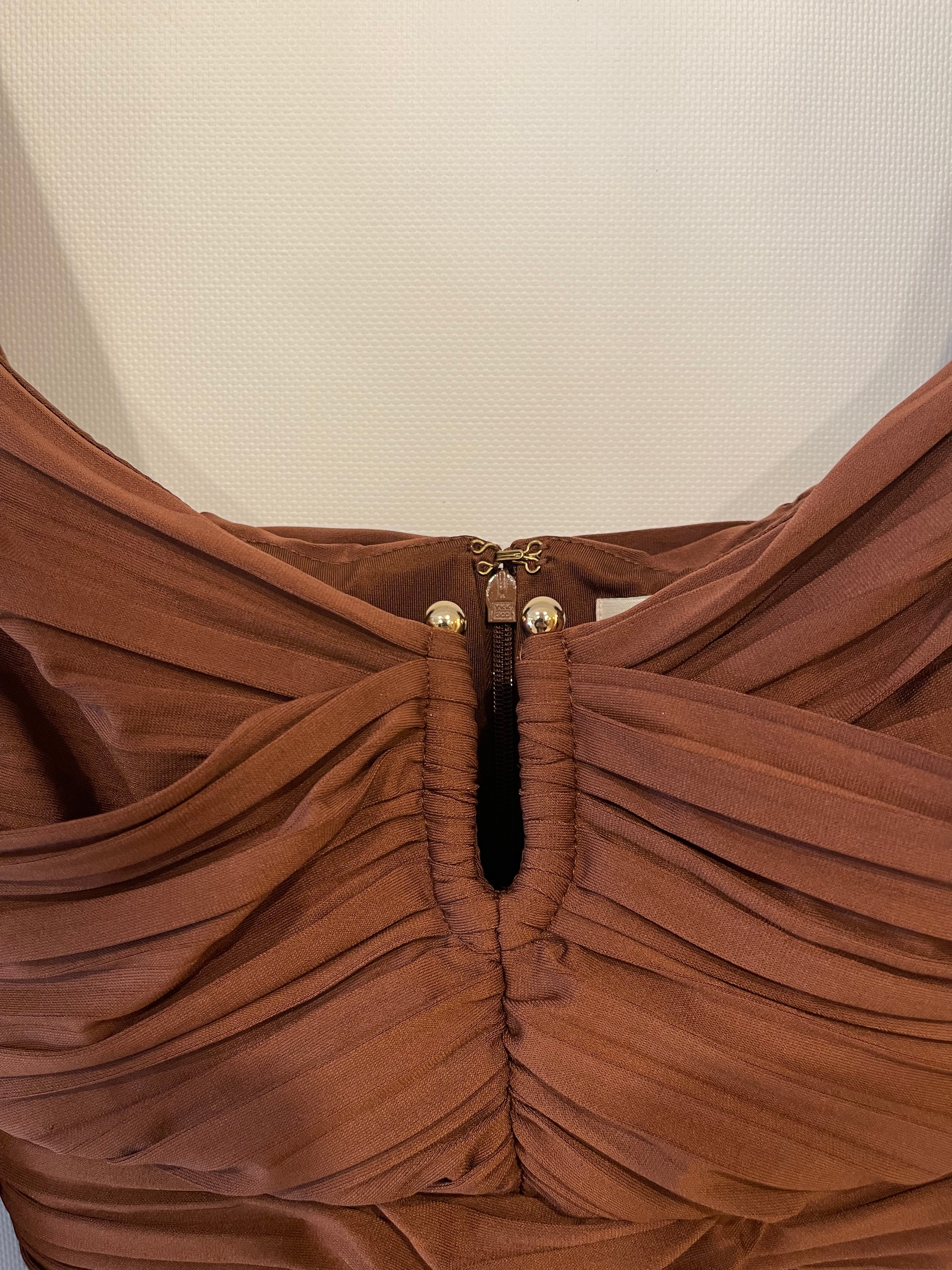 Self-Portrait Brown Ruched Midi Dress with Gold Low Cut Buckle Detail Size XS (UK 6) - Image 6