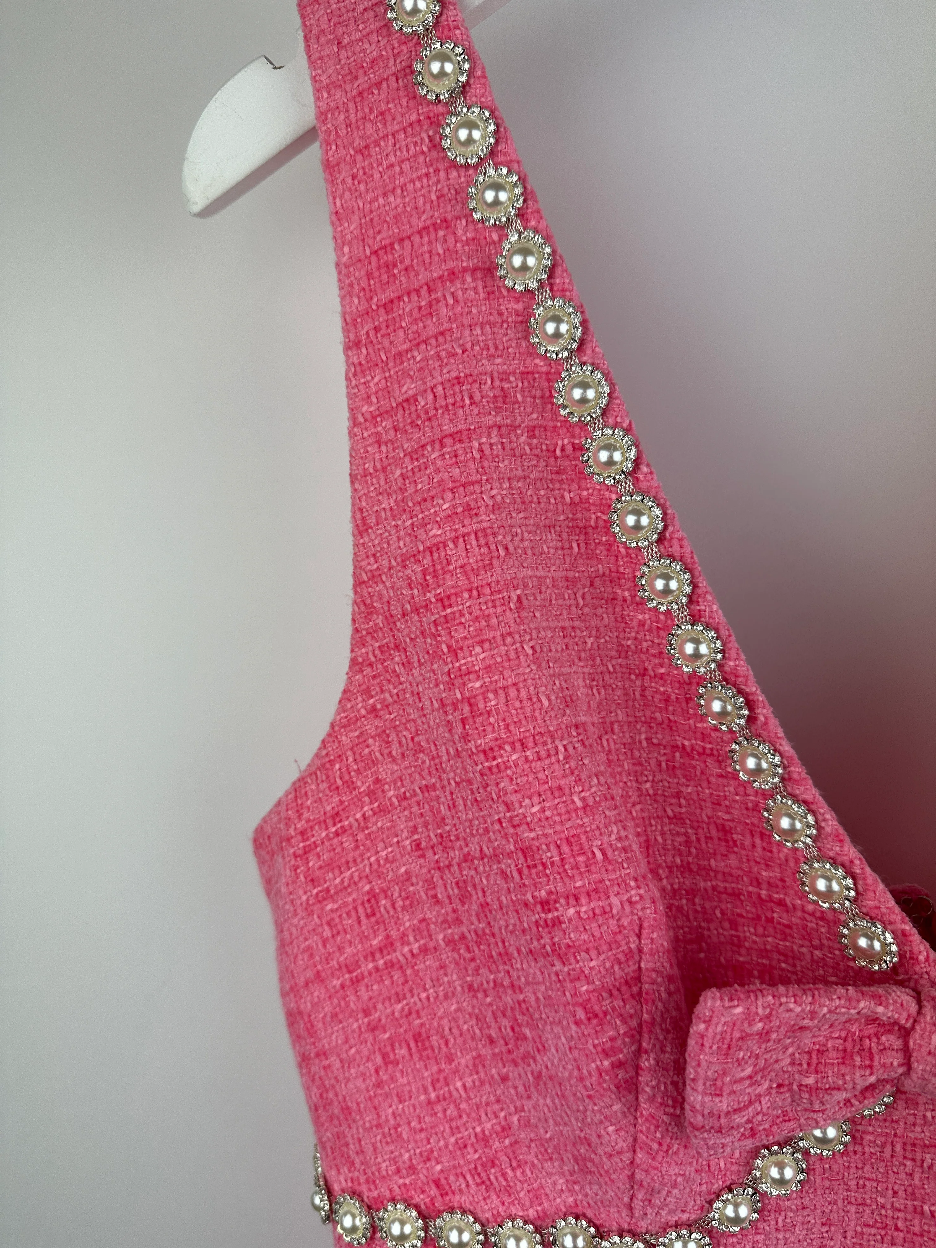 Self-Portrait Pink Tweed Mini Dress With Pearl Embellishment Details Size (UK 8) - Image 10