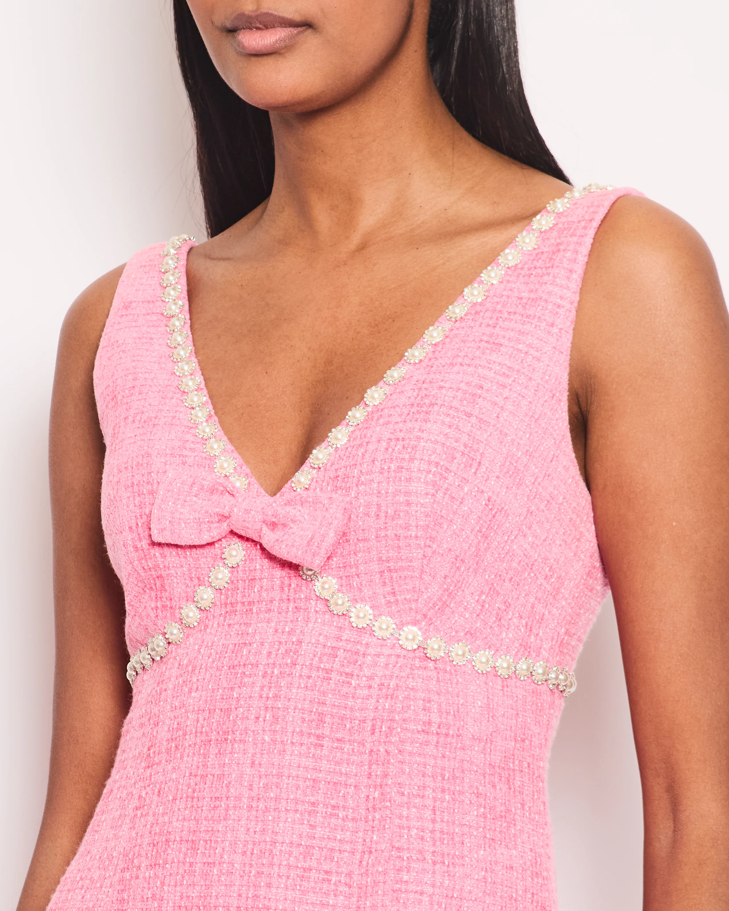 Self-Portrait Pink Tweed Mini Dress With Pearl Embellishment Details Size (UK 8) - Image 3