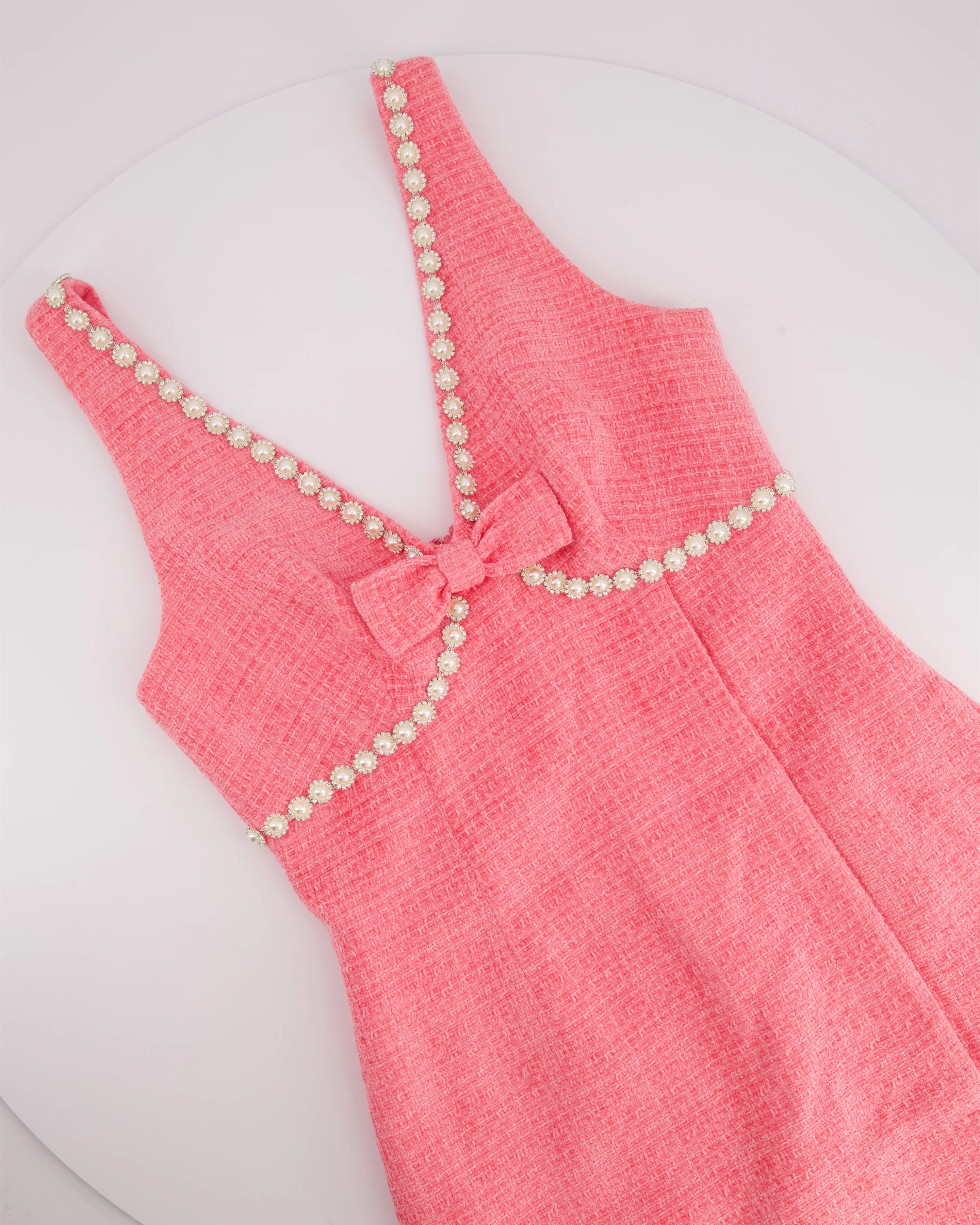 Self-Portrait Pink Tweed Mini Dress With Pearl Embellishment Details Size (UK 8) - Image 5